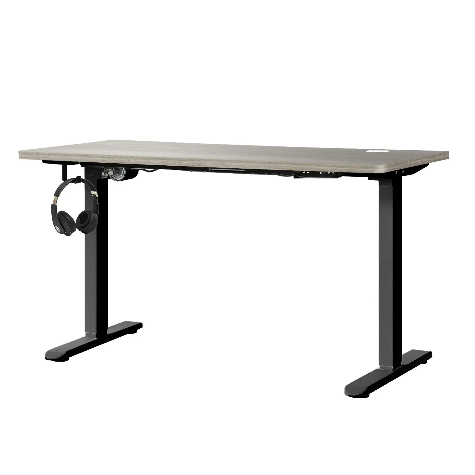 Oikiture 140cm Electric Standing Desk Single Motor Grey-Oak Desktop Black Frame