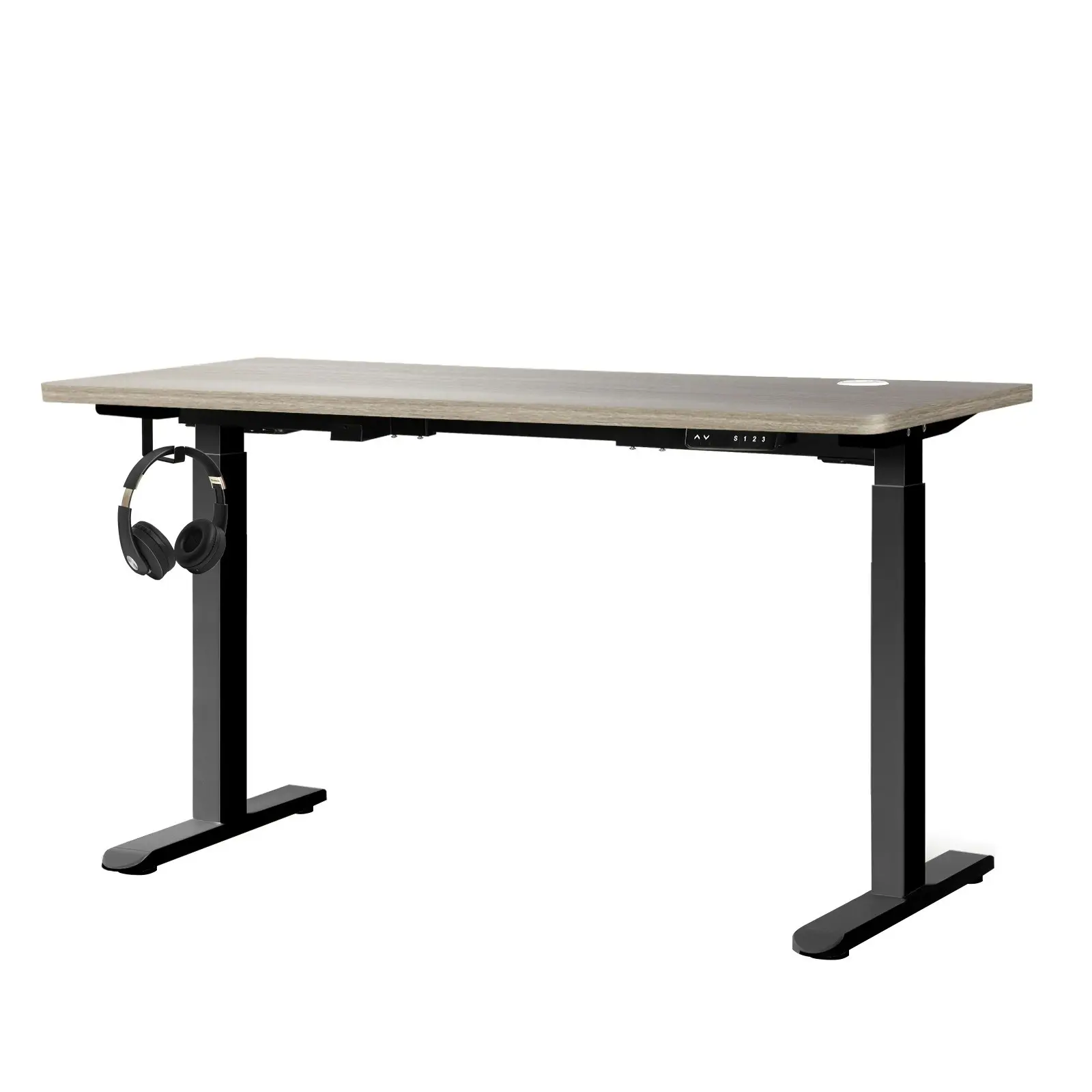 Oikiture 140cm Electric Standing Desk Dual Motor Grey-Oak Desktop Black Frame