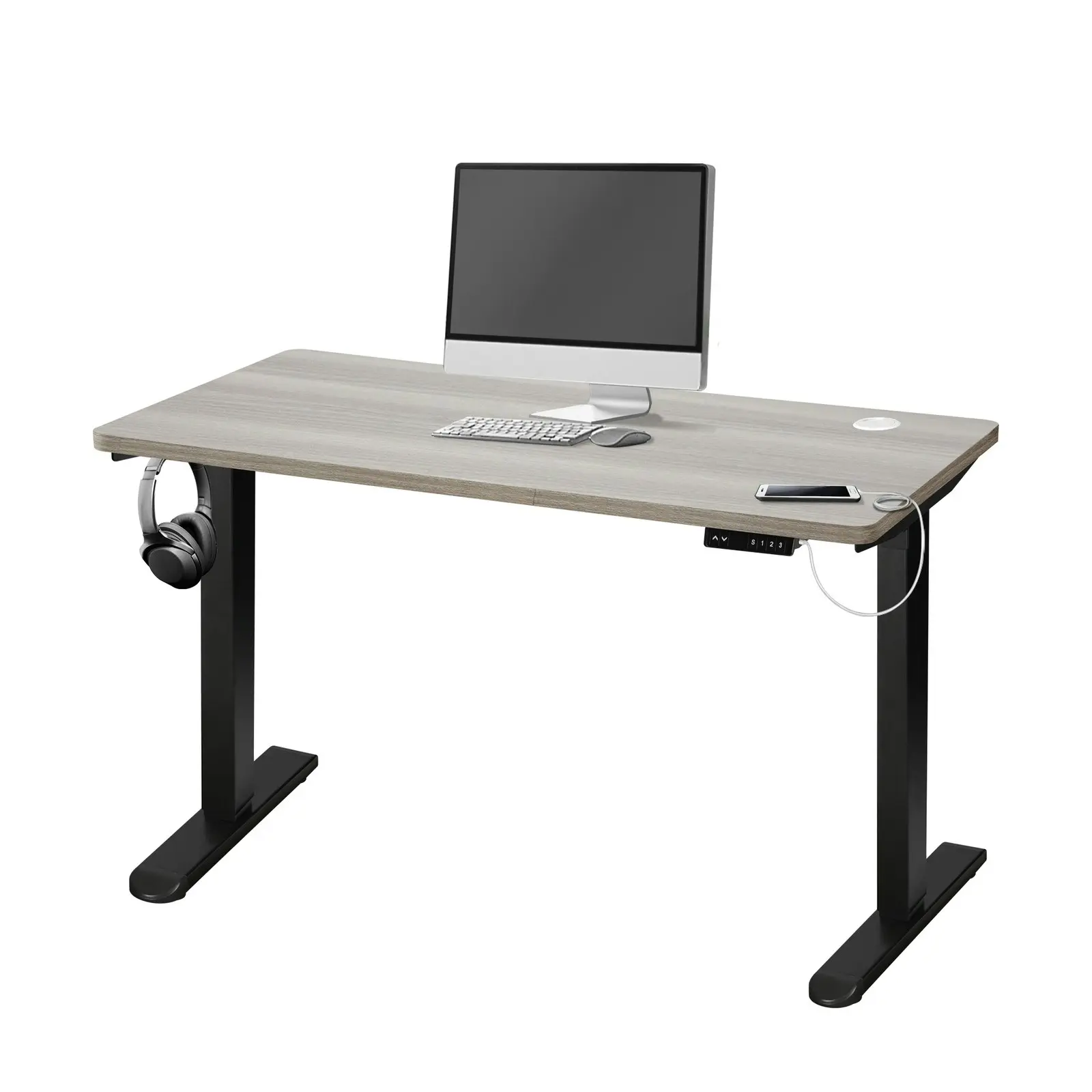 Oikiture 140cm Electric Standing Desk Single Motor Grey-Oak Desktop Black Frame