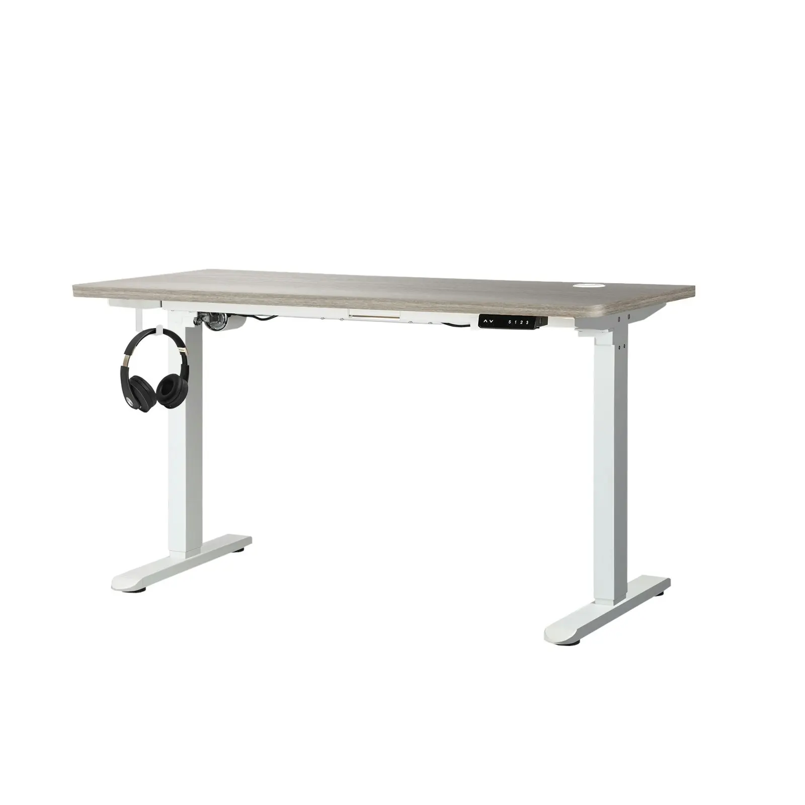 Oikiture 140cm Electric Standing Desk Single Motor Grey-Oak Desktop White Frame