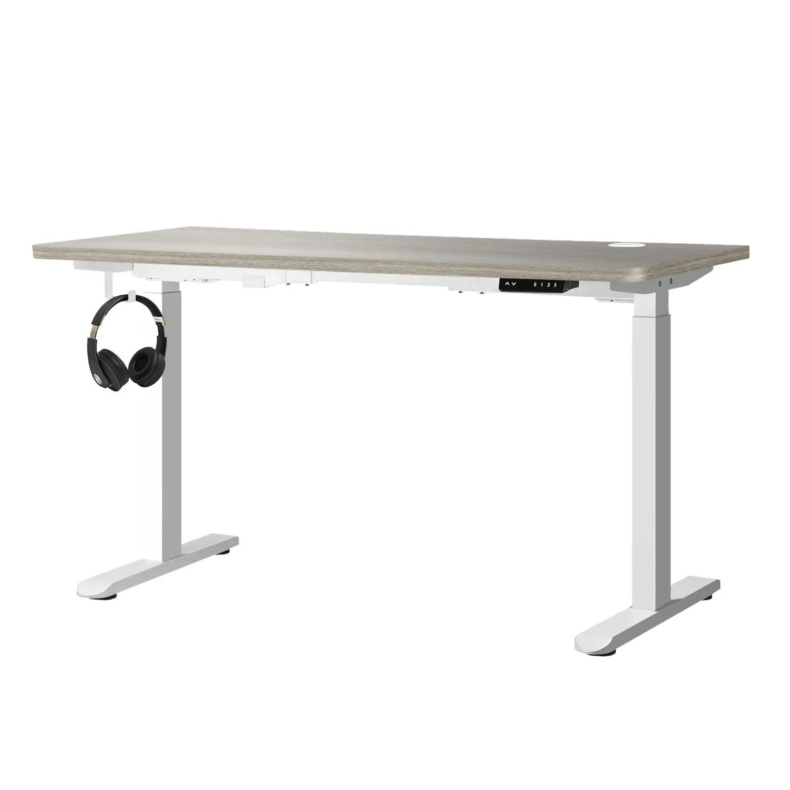 Oikiture 140cm Electric Standing Desk Dual Motor Grey-Oak Desktop White Frame