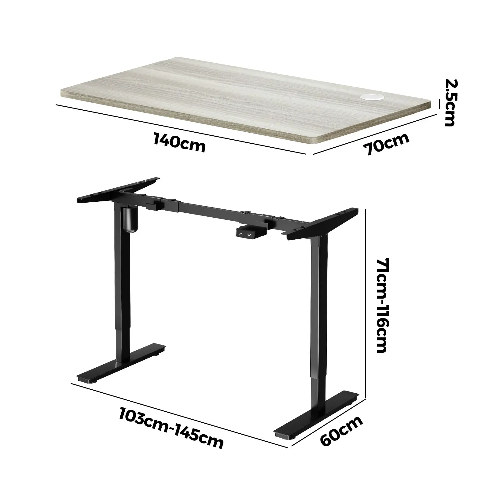 Oikiture 140CM Electric Standing Desk Single Motor Height Adjustable Sit Stand Table Top Grey-Oak Black Frame