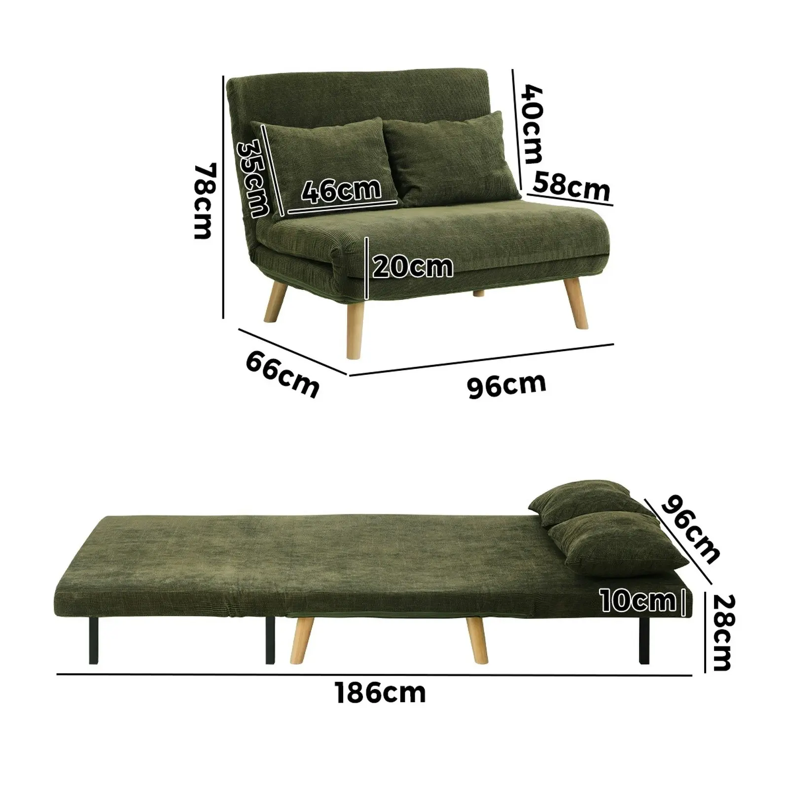 Oikiture Sofa Bed Lounge Chair Polyester Recliner Wood Leg Double Seat Green