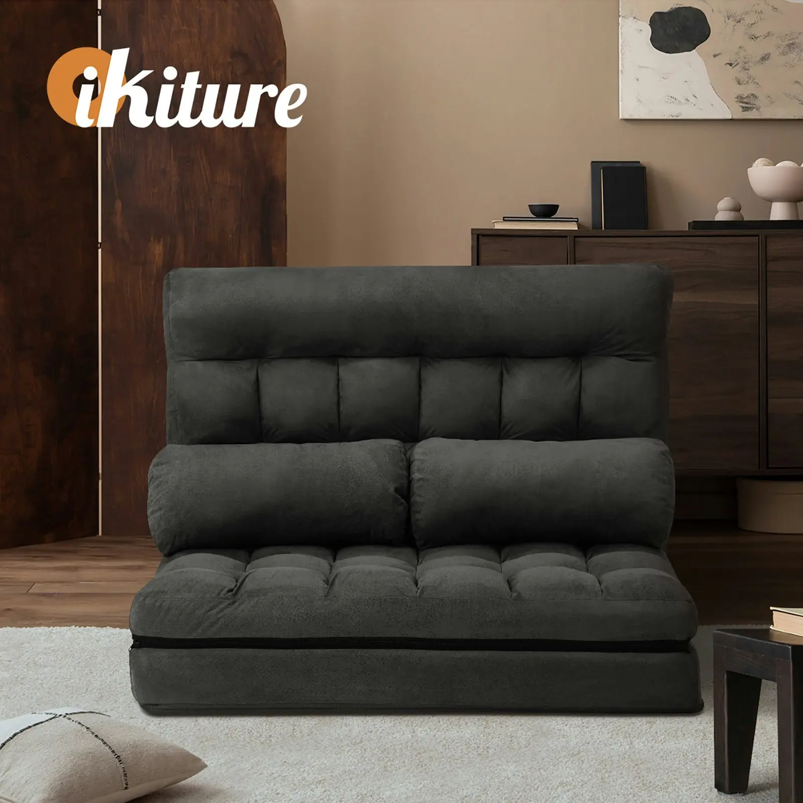 Oikiture Lounge Sofa Bed Floor Recliner 2 seater Chaise Chair Folding Charcoal