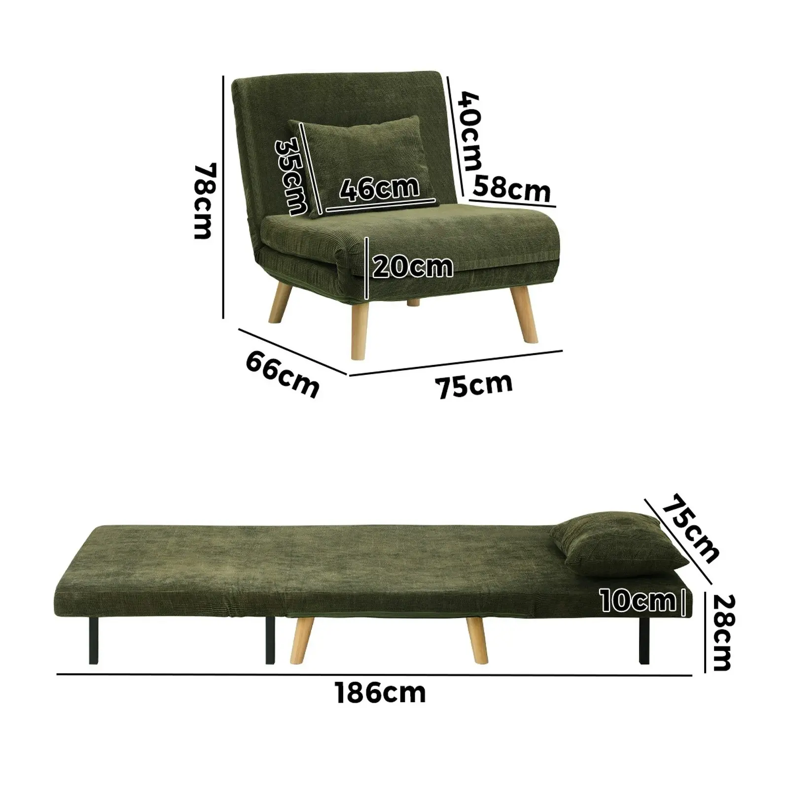 Oikiture Sofa Bed Lounge Chair Polyester Recliner Wood Leg Single Seat Green