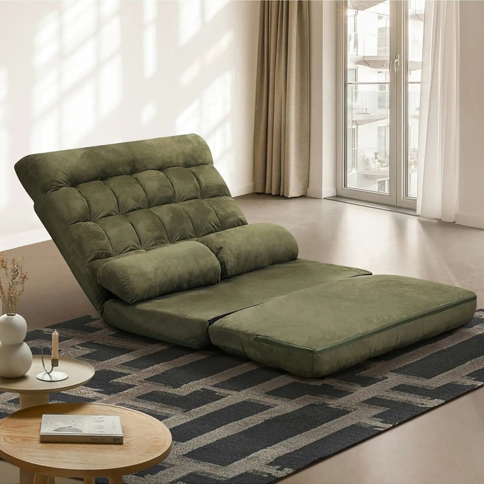 Oikiture Lounge Sofa Bed Floor Recliner 2 seater Chaise Chair Folding Green