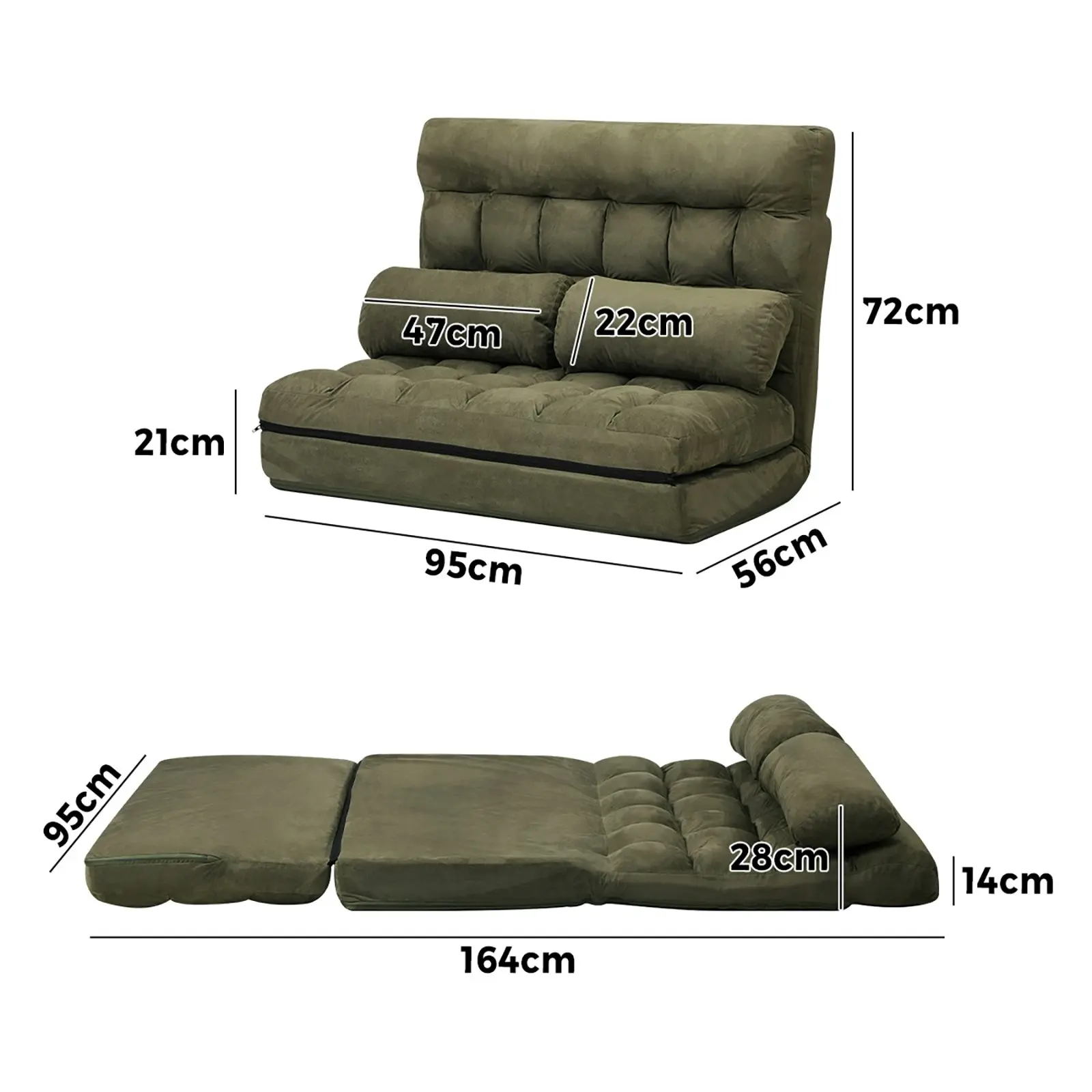 Oikiture Lounge Sofa Bed Floor Recliner 2 seater Chaise Chair Folding Green