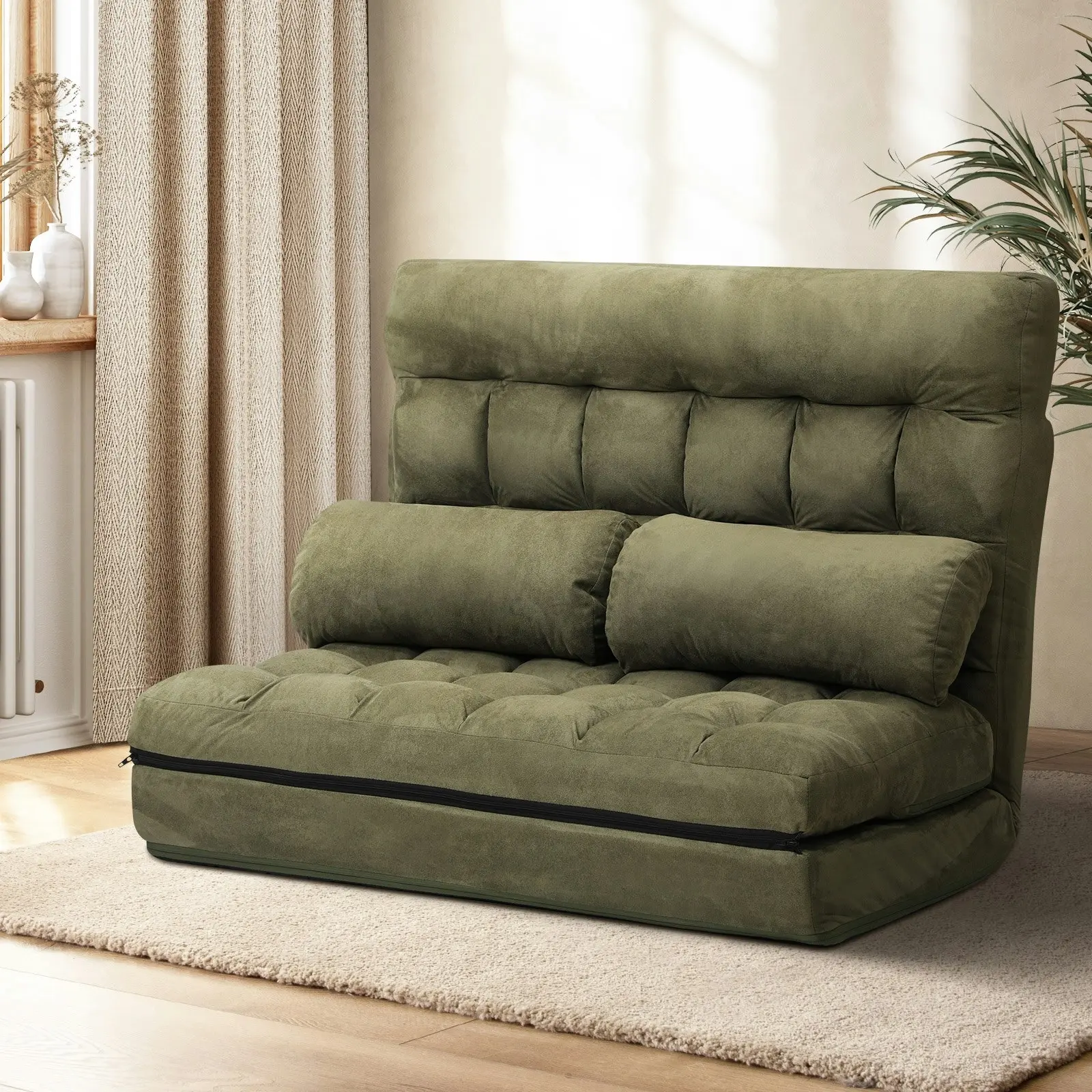 Oikiture Lounge Sofa Bed Floor Recliner 2 seater Chaise Chair Folding Green