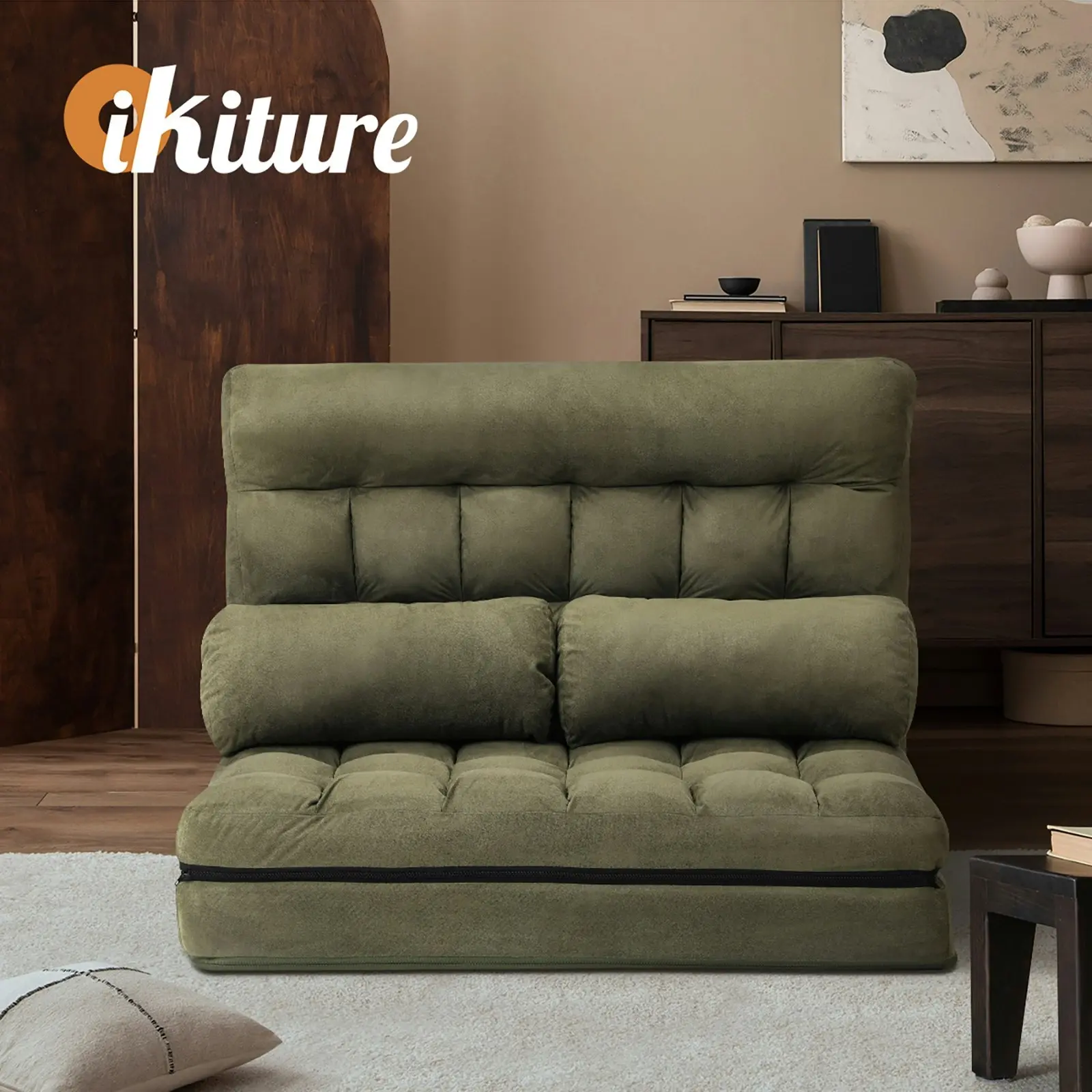 Oikiture Lounge Sofa Bed Floor Recliner 2 seater Chaise Chair Folding Green