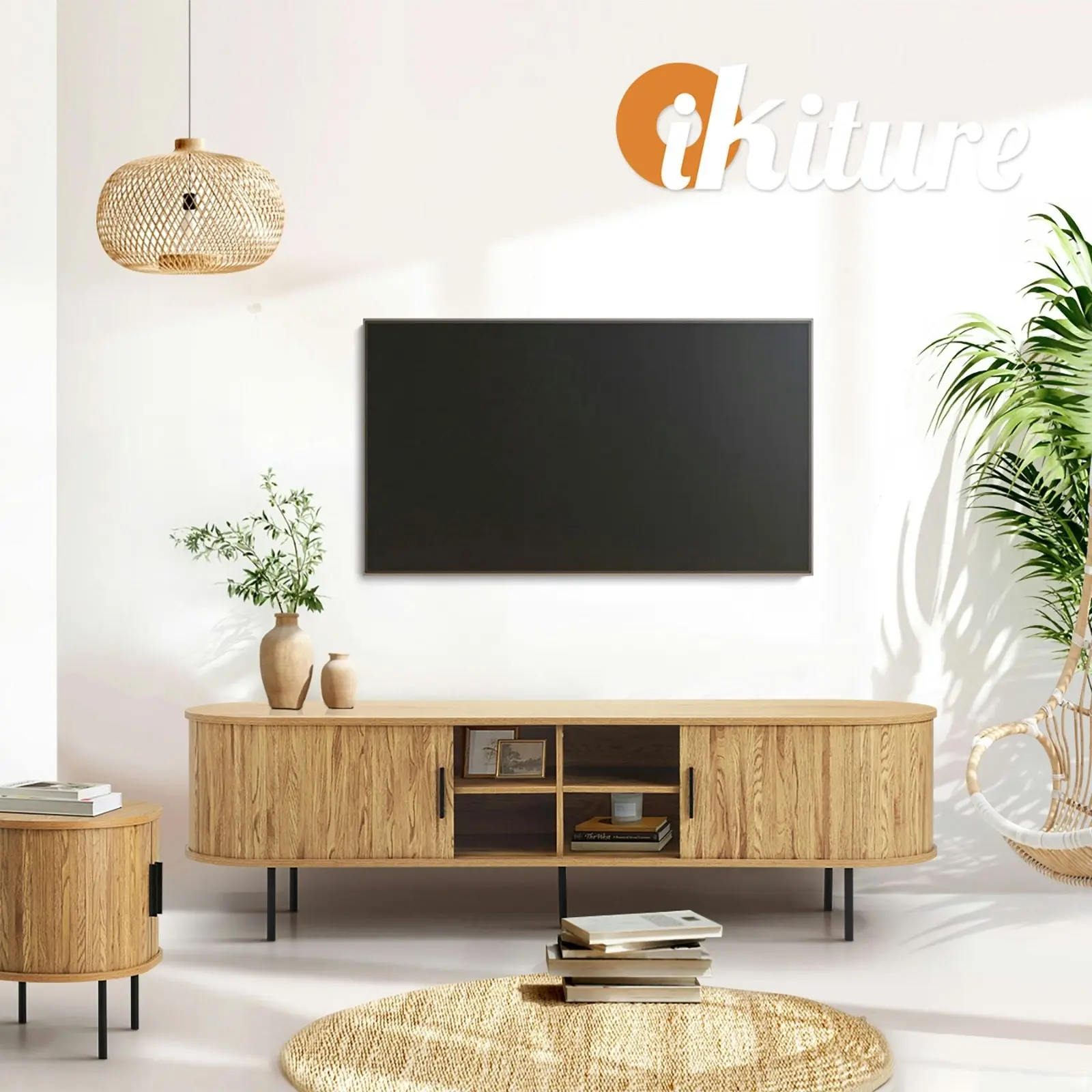 Oikiture Entertainment Unit TV Cabinet 160cm Tambour Sliding Doors