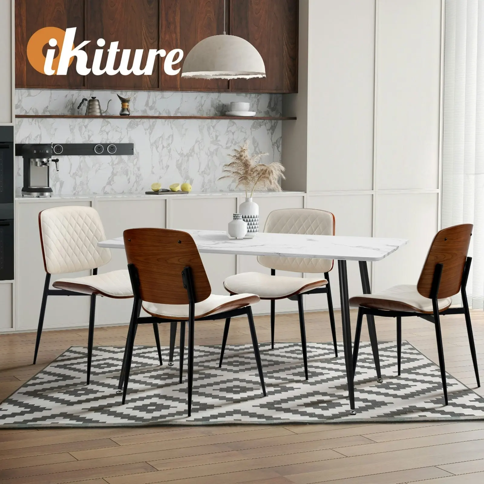 Oikiture 6x Dining Chairs Retro Faux Leather Solid Beech Wood Metal Legs White