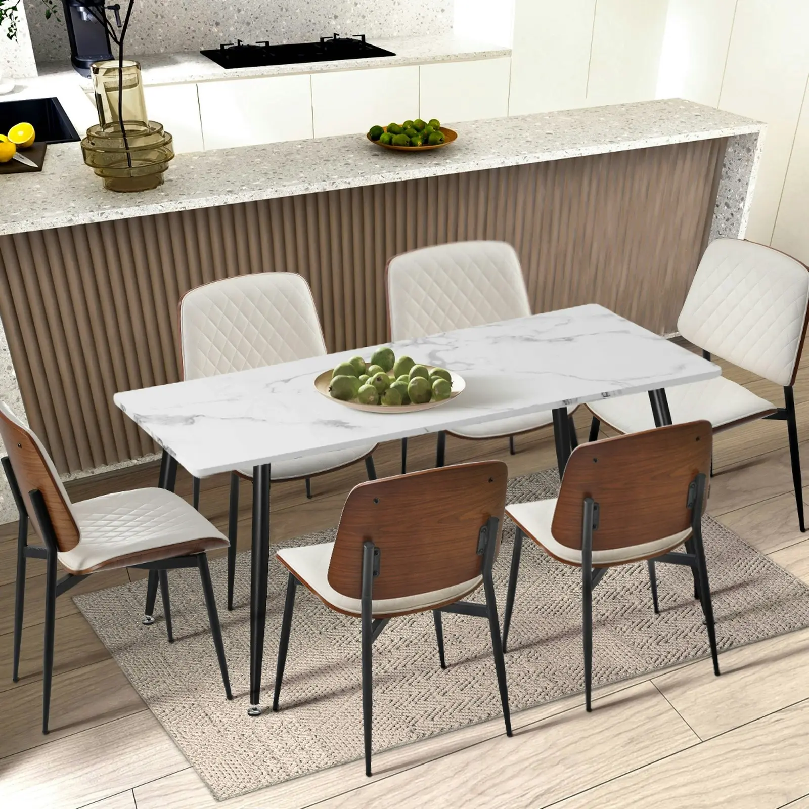 Oikiture 4x Dining Chairs Retro Faux Leather Solid Beech Wood Metal Legs White