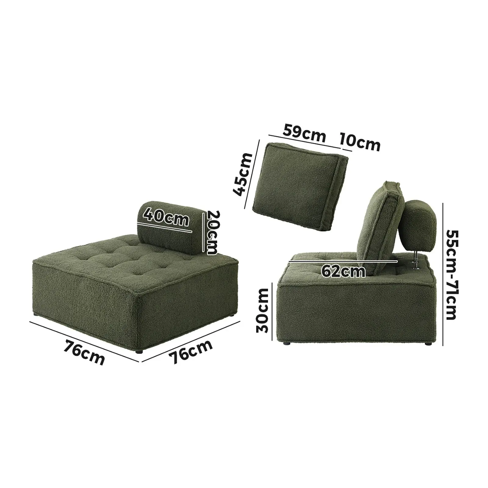 Oikiture 3PCS Modular Sofa Lounge Chair Armless TOFU Back Sherpa Green