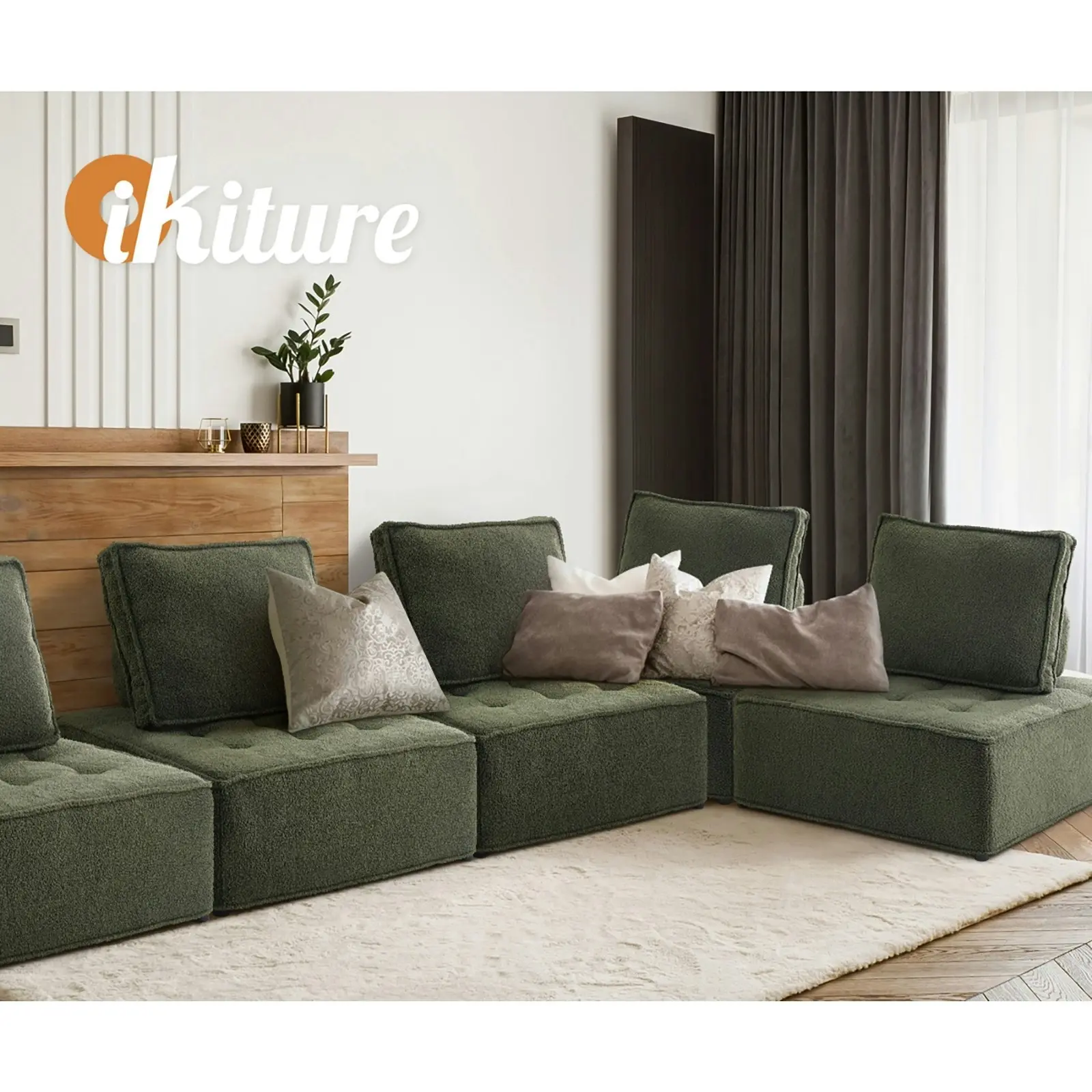 Oikiture 1PC Modular Sofa Lounge Chair Armless TOFU Back Sherpa Green