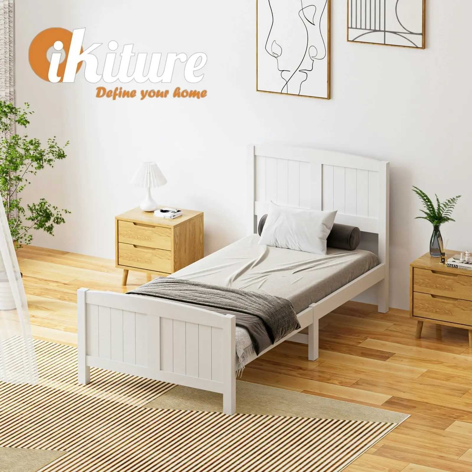 Oikiture Bed Frame Singe Size Wooden Base Timber Platform White