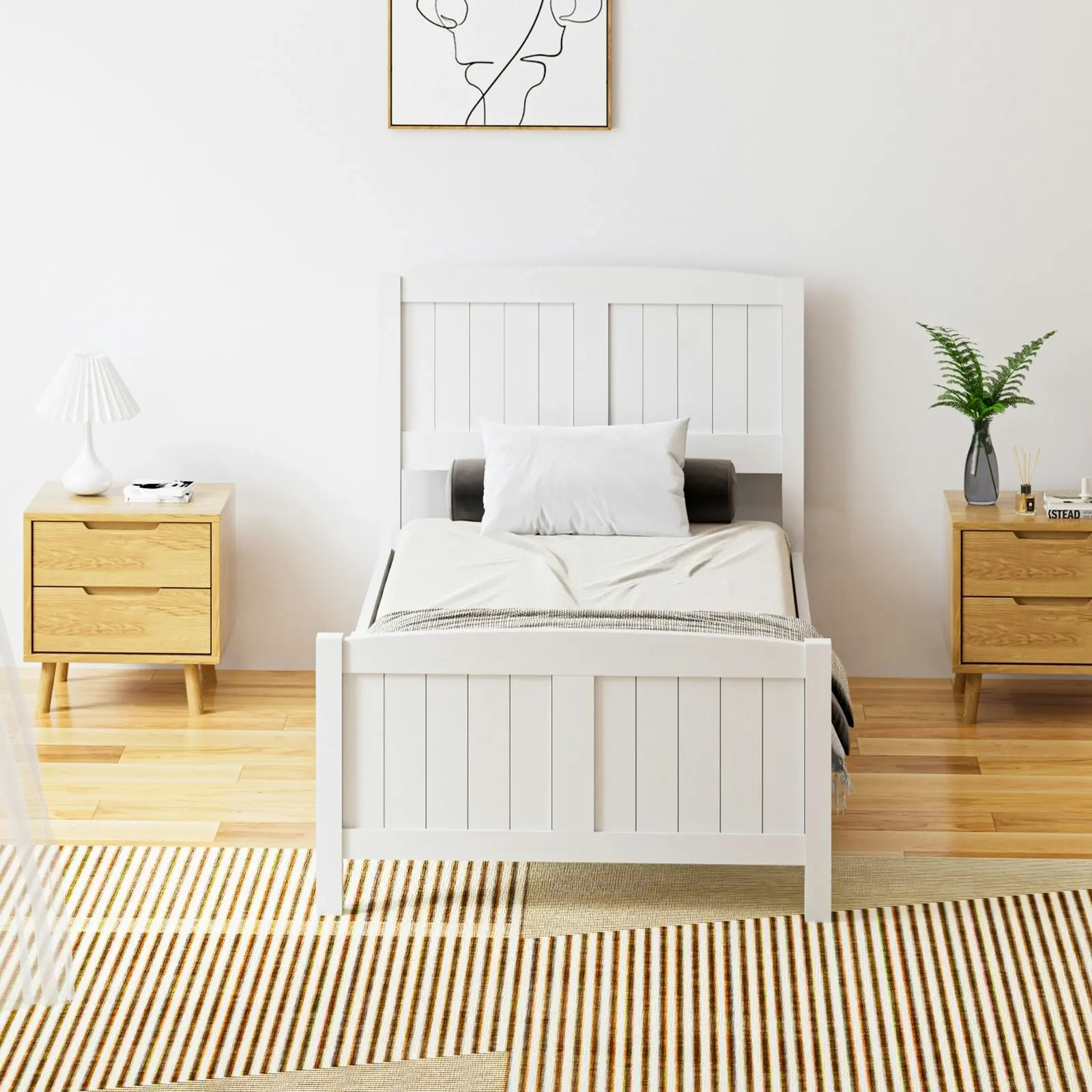 Oikiture Bed Frame Singe Size Wooden Base Timber Platform White