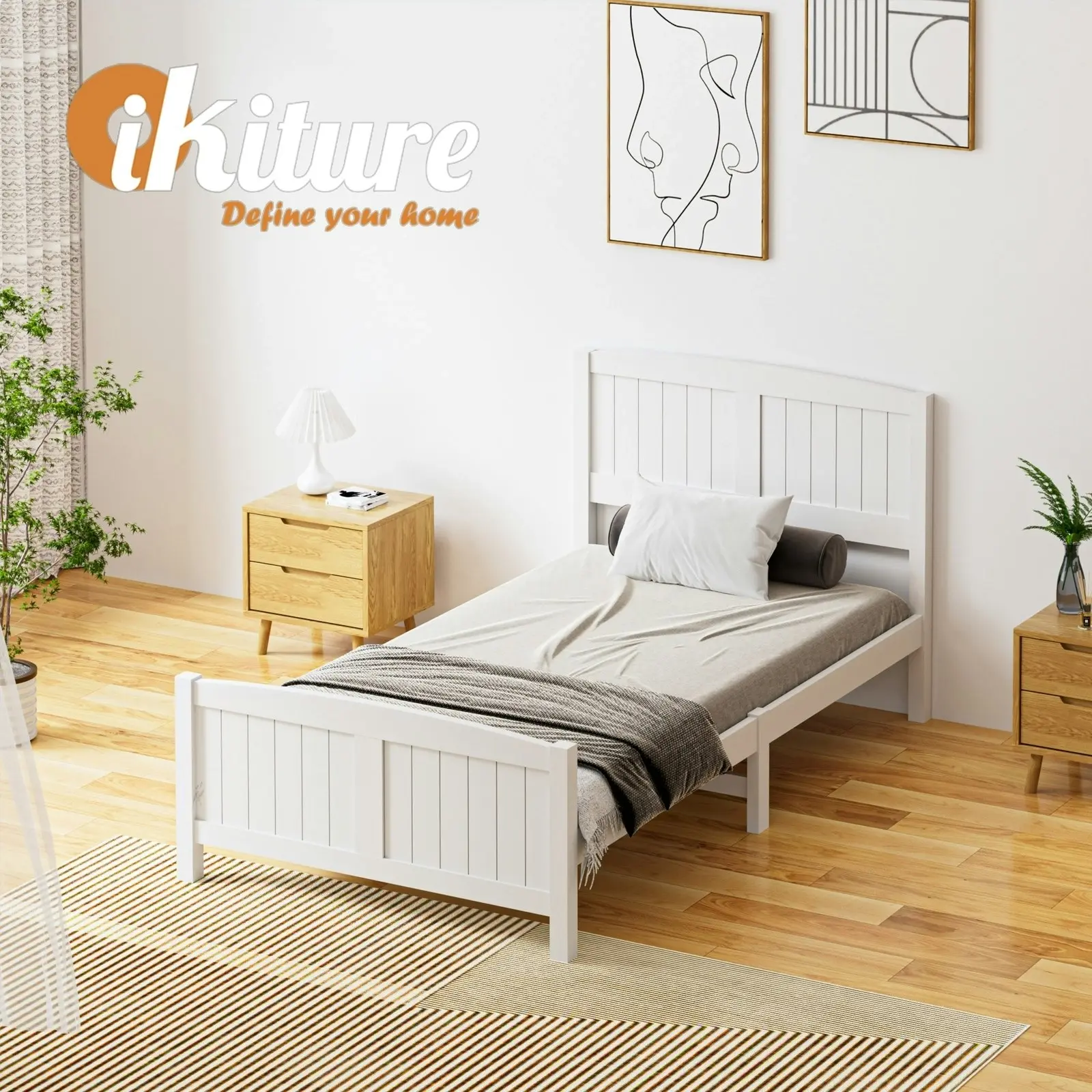 Oikiture Bed Frame King Singe Size Wooden Base Timber Platform White