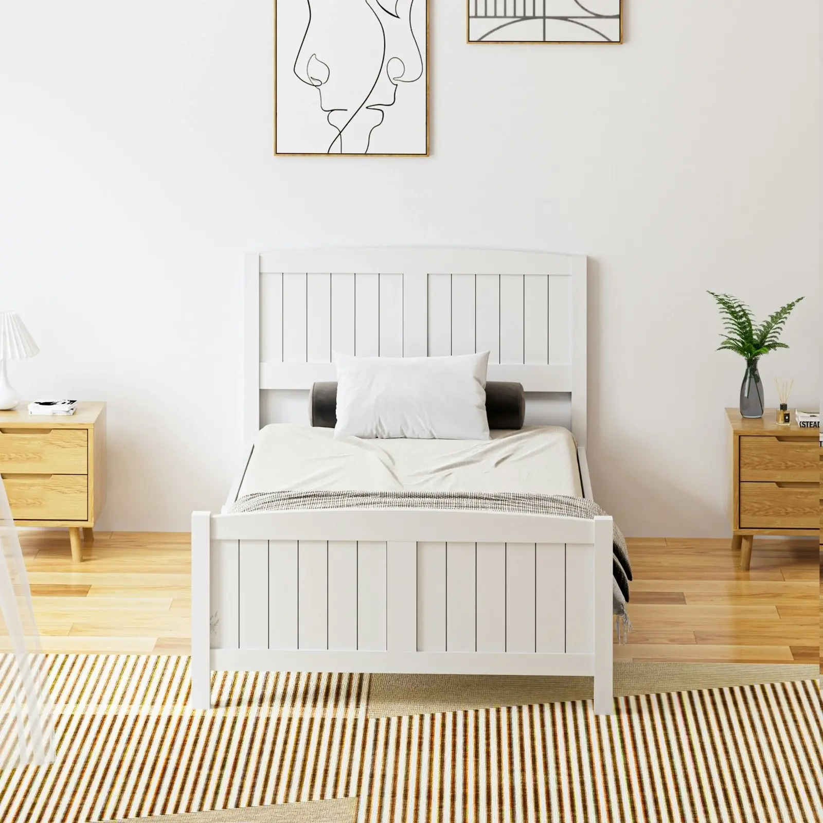 Oikiture Bed Frame King Singe Size Wooden Base Timber Platform White