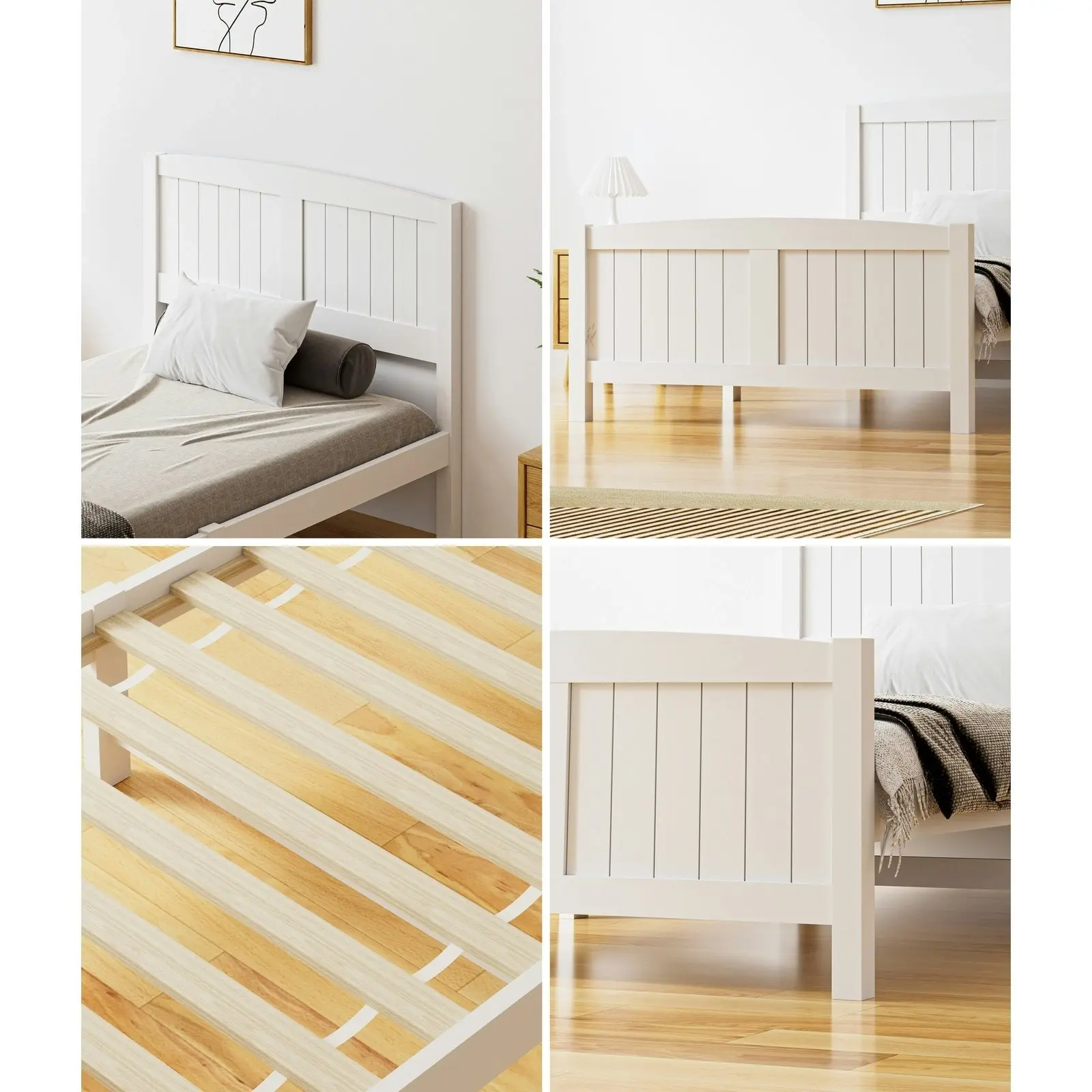 Oikiture Bed Frame King Singe Size Wooden Base Timber Platform White