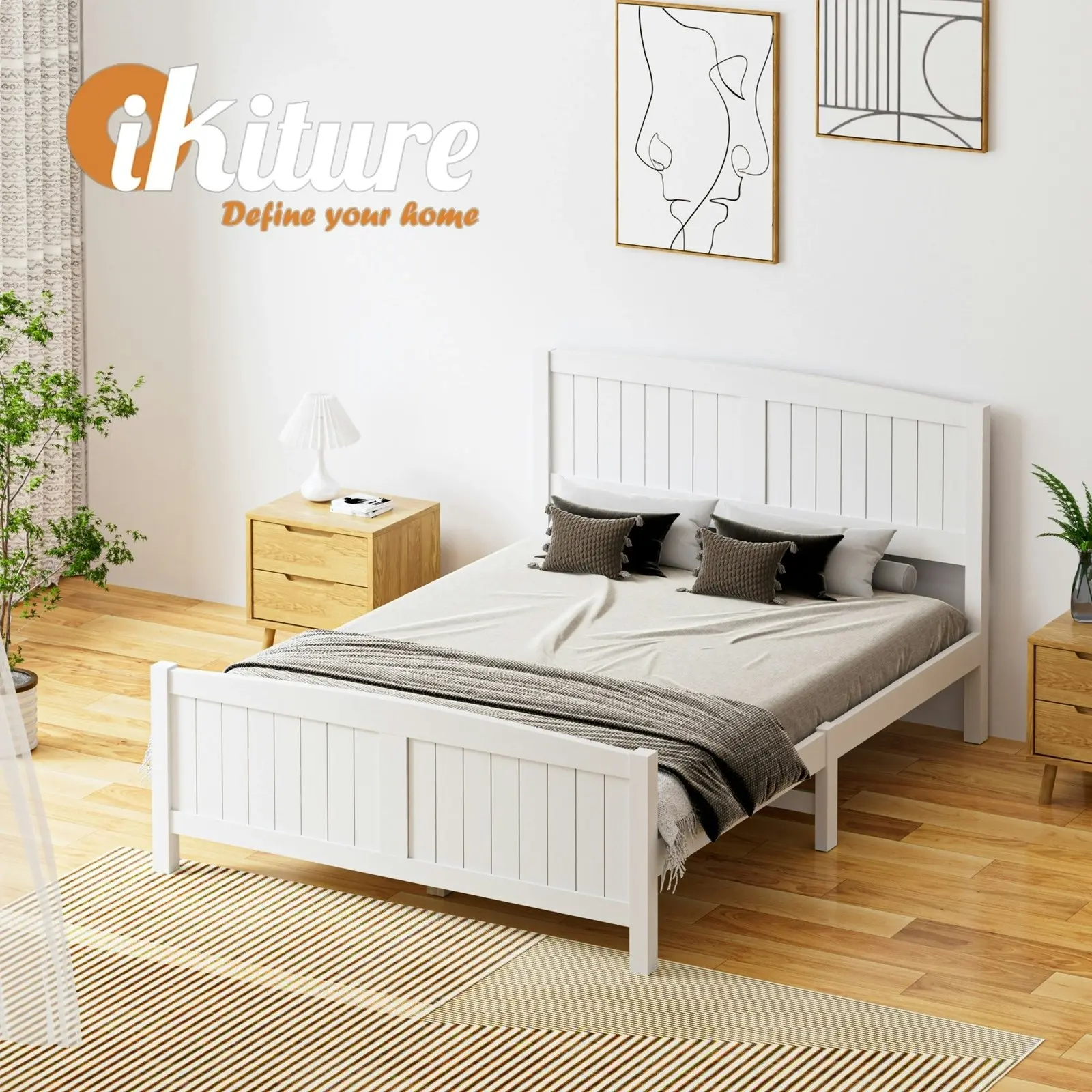 Oikiture Bed Frame Double Size Wooden Base Timber Platform White