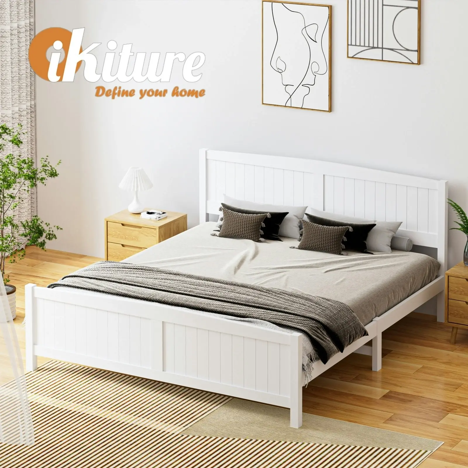 Oikiture Bed Frame King Size Wooden Base Timber Platform White