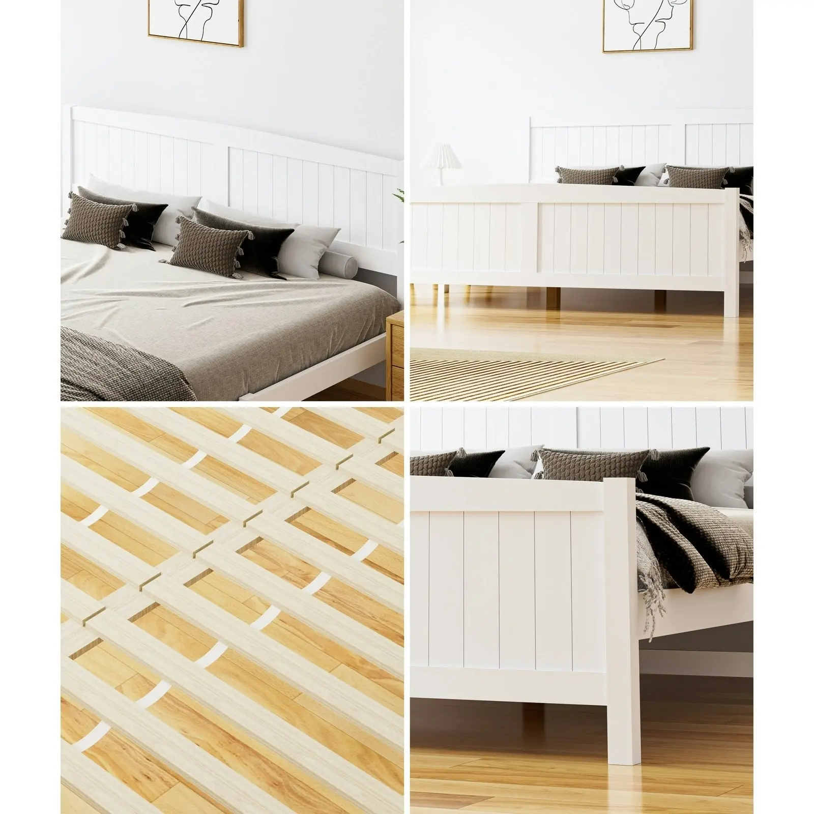 Oikiture Bed Frame King Size Wooden Base Timber Platform White