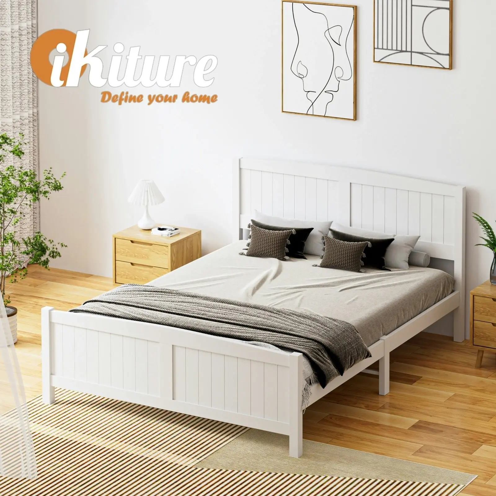 Oikiture Bed Frame Queen Size Wooden Base Timber Platform White