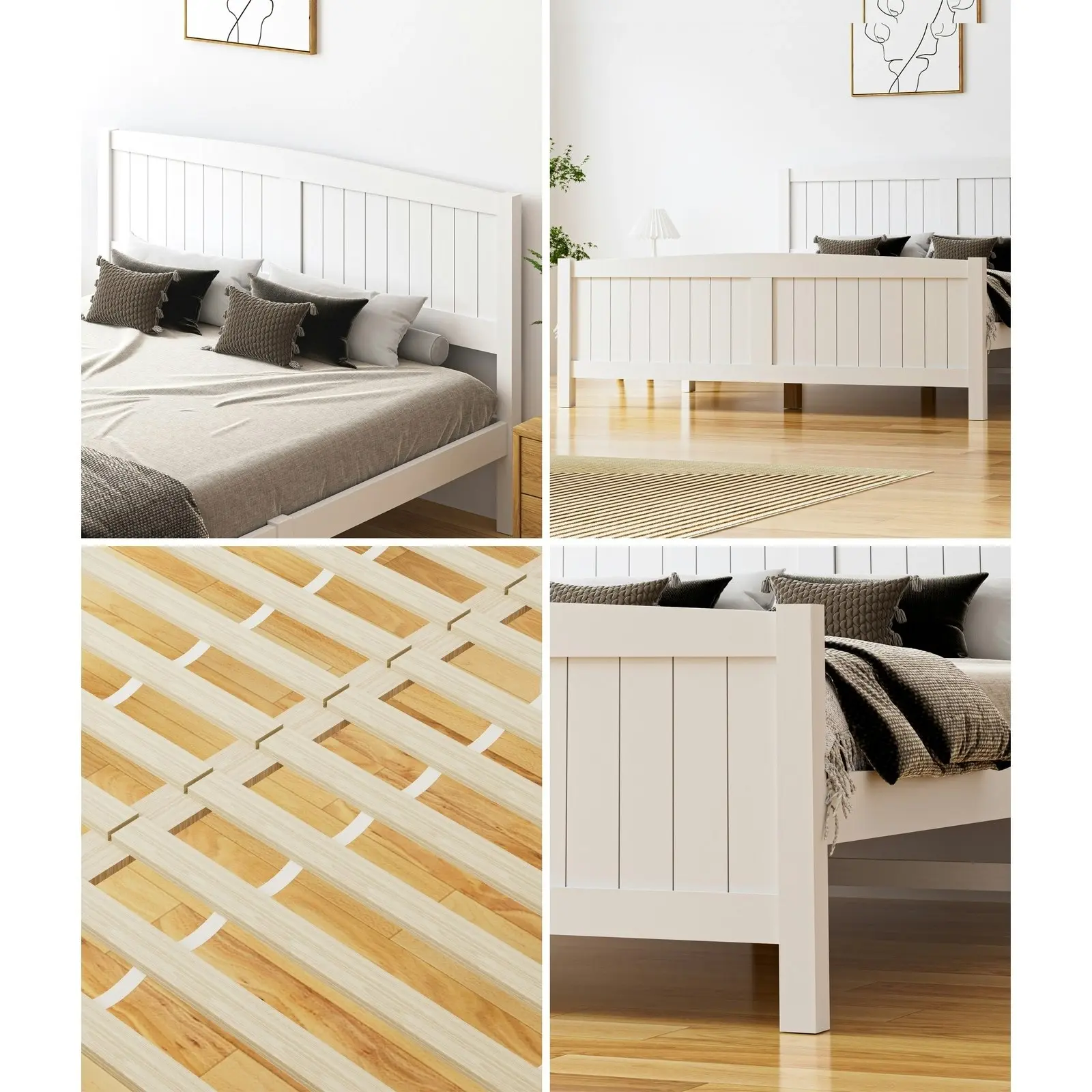 Oikiture Bed Frame Queen Size Wooden Base Timber Platform White