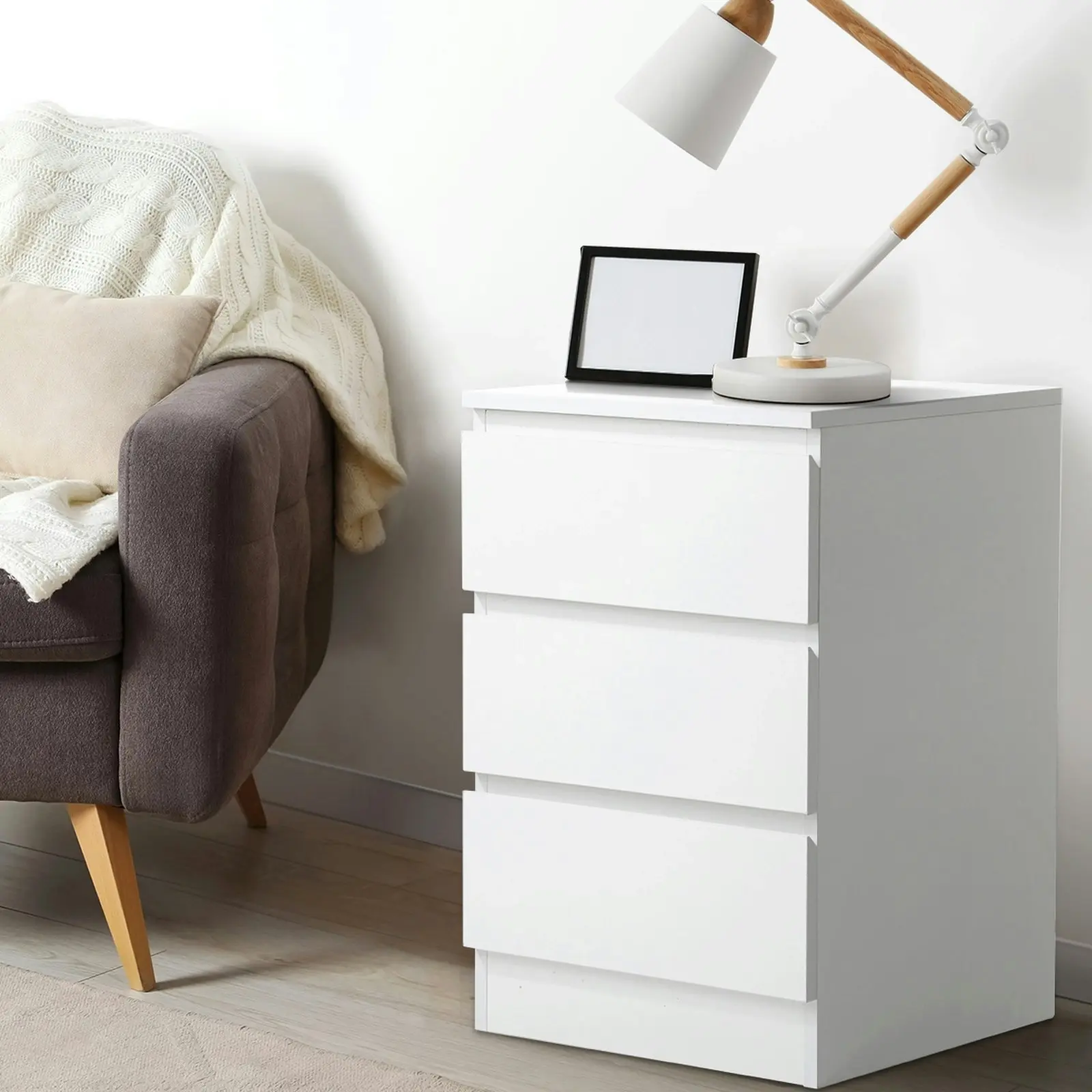 Oikiture Bedside Table 3 Drawers Side Tables Storage Cabinet Nightstand White