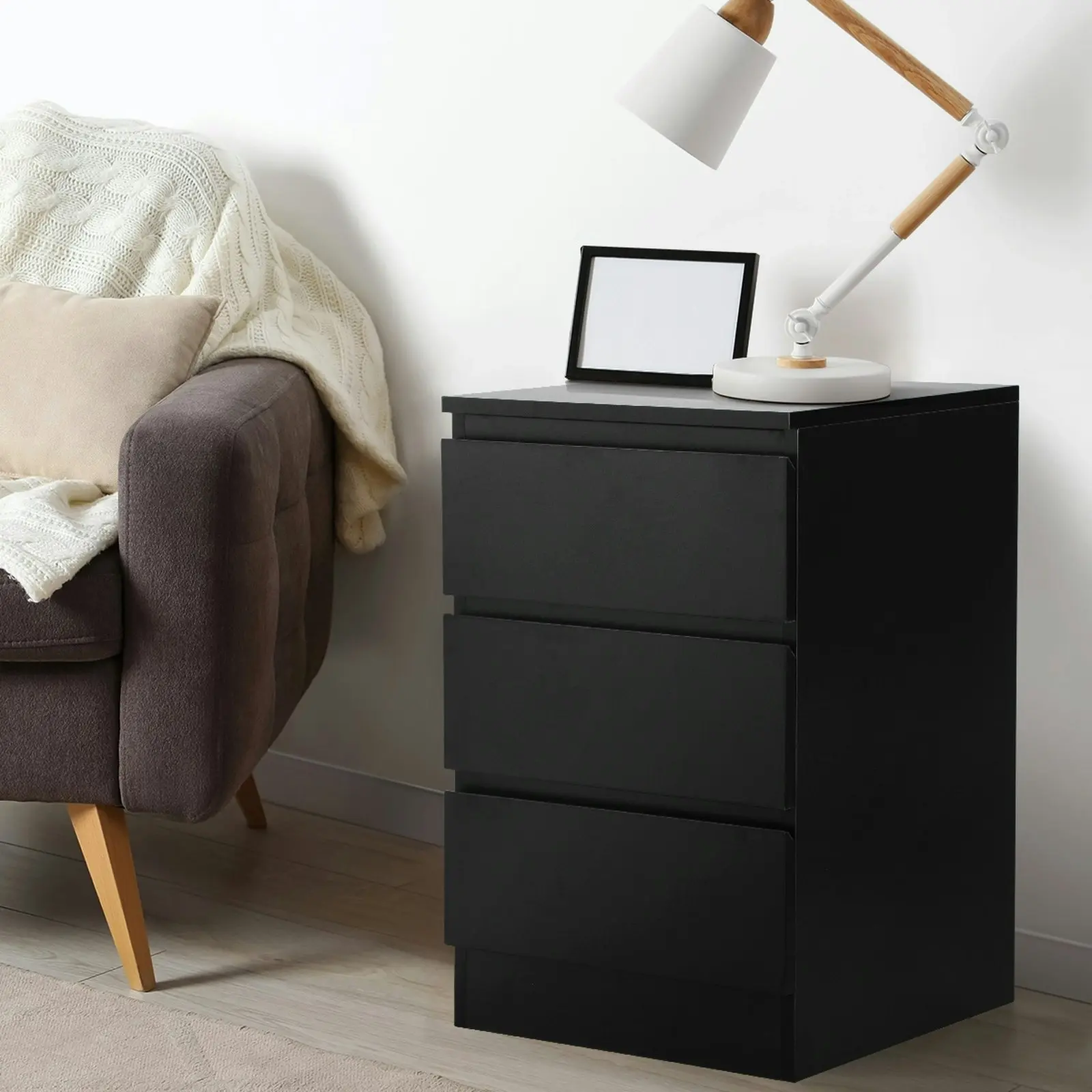 Oikiture Bedside Table 3 Drawers Side Tables Storage Cabinet Nightstand Black