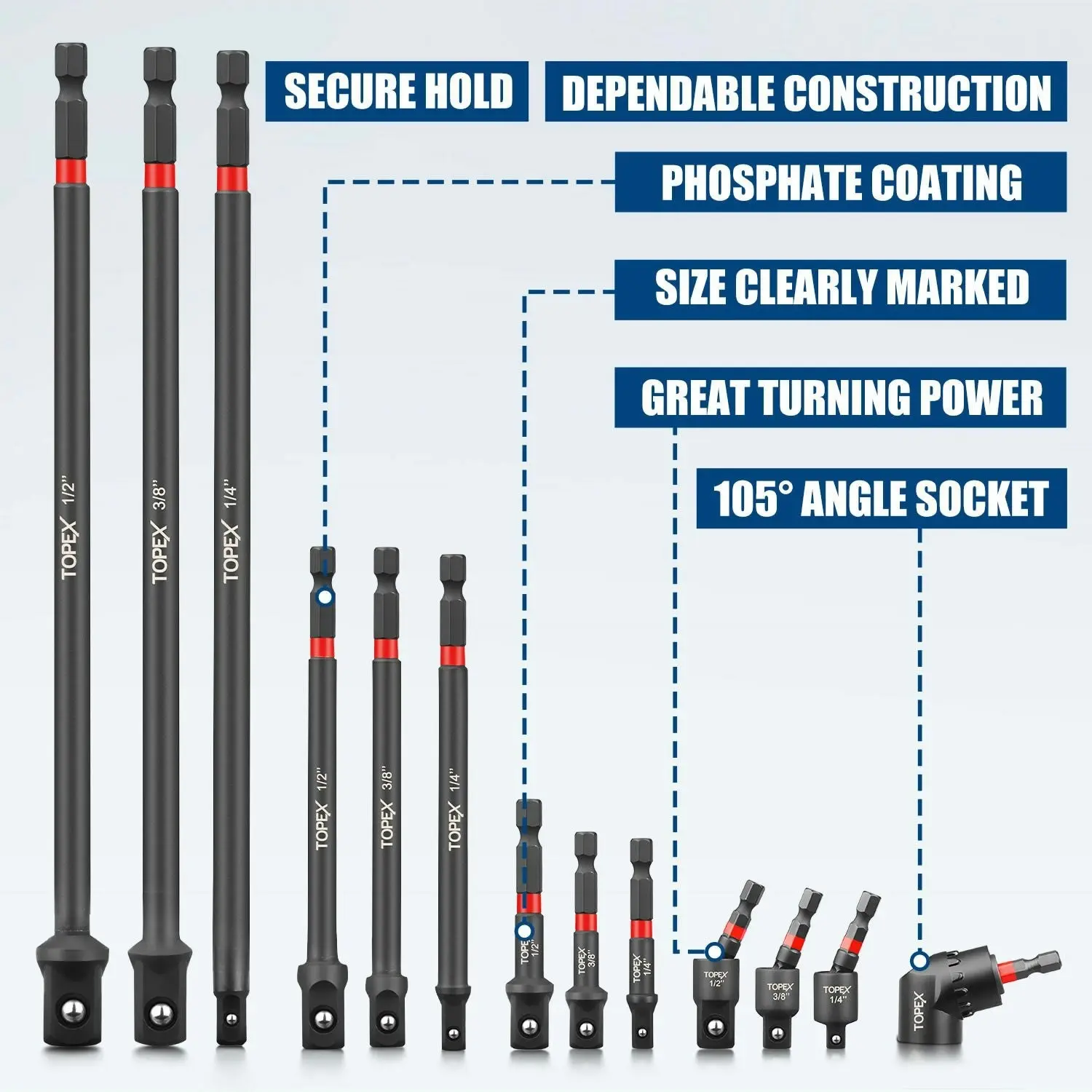 Topex 13-piece 1/4" Impact Socket Adapter Set Socket Bit Adapters Extension Bar Set