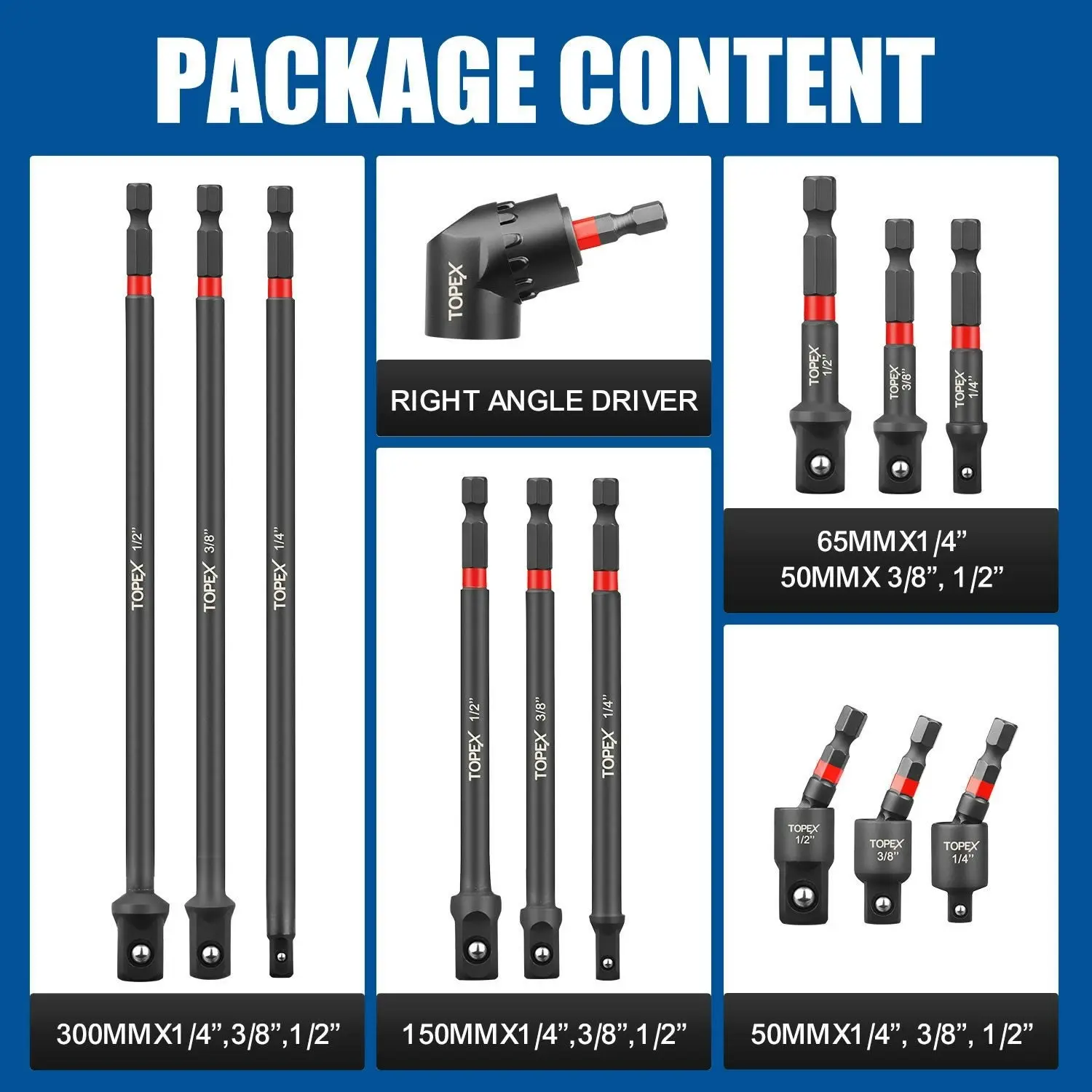 Topex 13-piece 1/4" Impact Socket Adapter Set Socket Bit Adapters Extension Bar Set