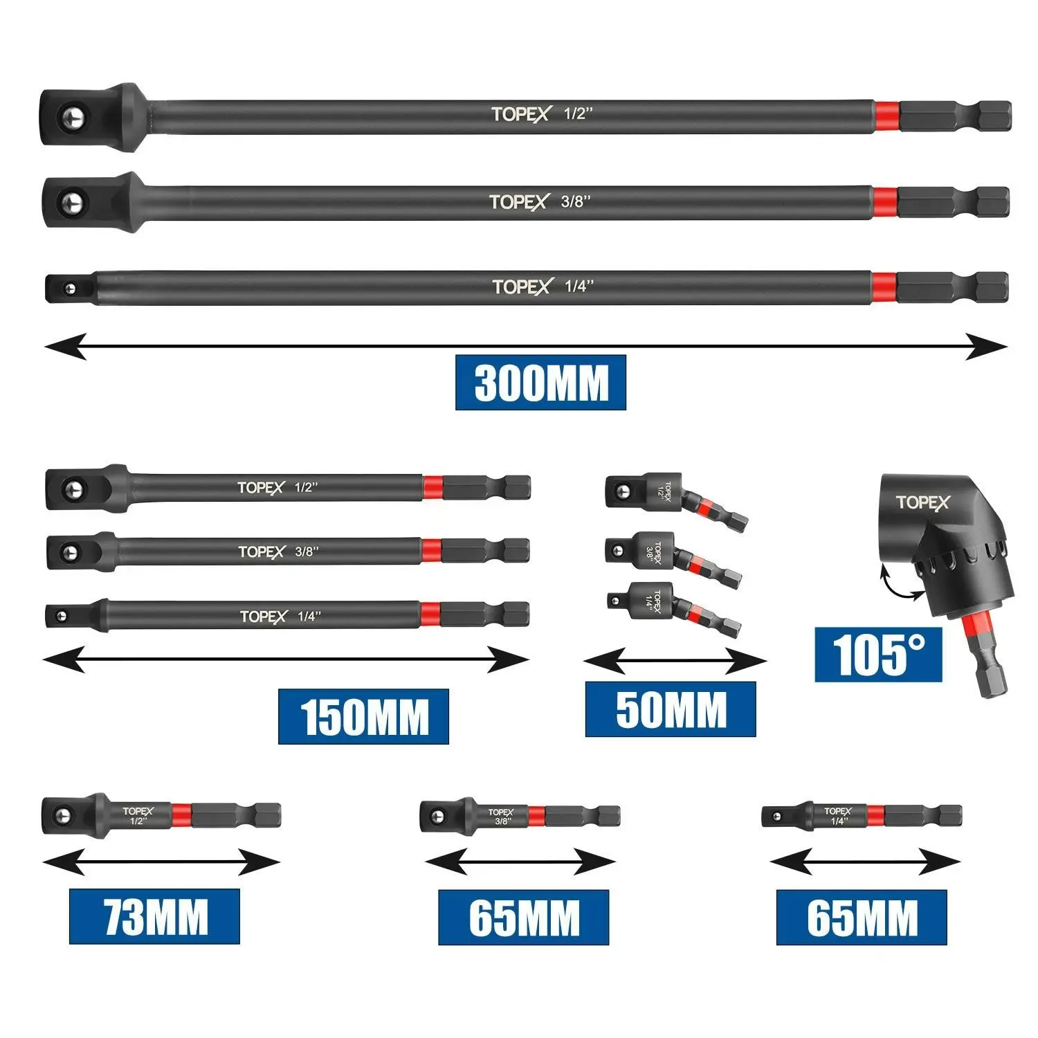 Topex 13-piece 1/4" Impact Socket Adapter Set Socket Bit Adapters Extension Bar Set