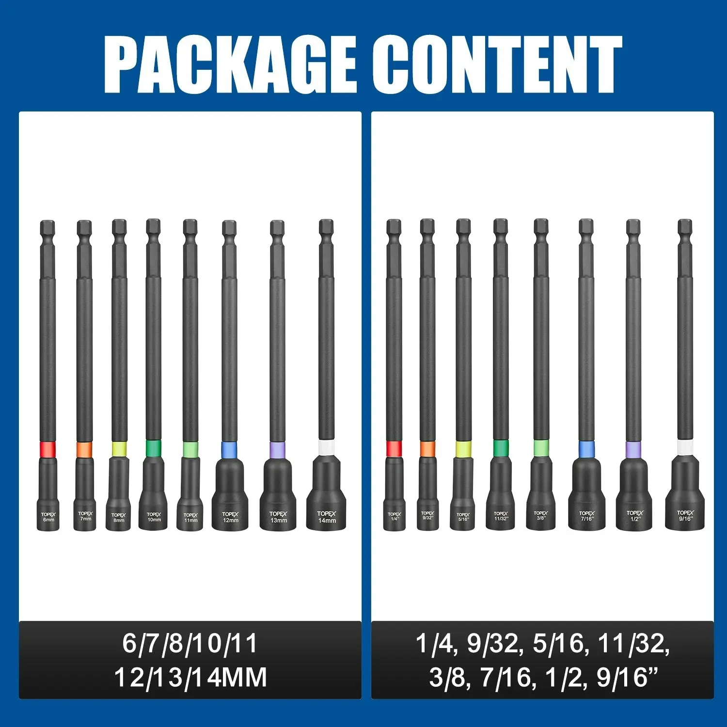 Topex 16Pcs Magnetic Impact Nut Driver Set Impact Grade Socket Extension Power Drill Bit Extensions Hex Shank Adapter Drill Nut Driver Tool Accessory