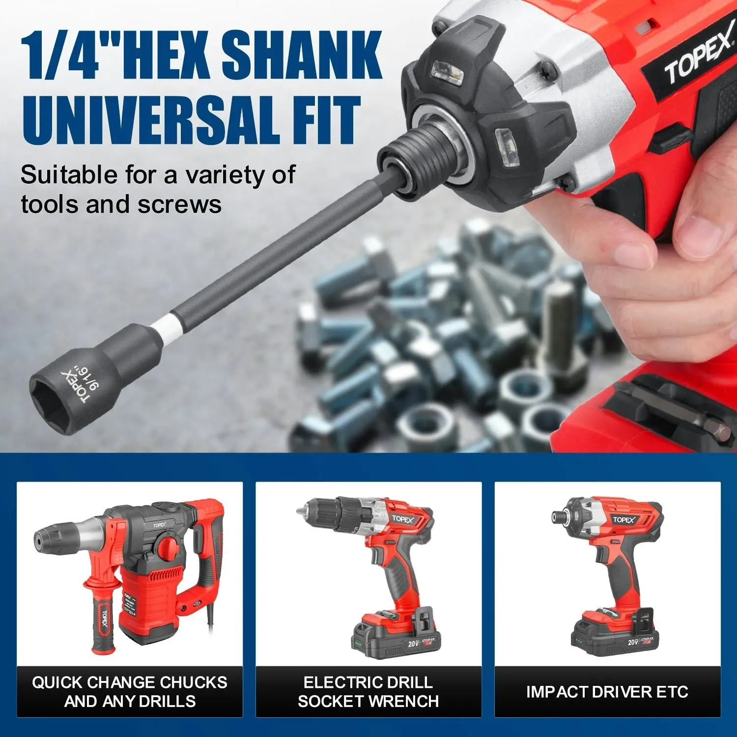 Topex 16Pcs Magnetic Impact Nut Driver Set Impact Grade Socket Extension Power Drill Bit Extensions Hex Shank Adapter Drill Nut Driver Tool Accessory