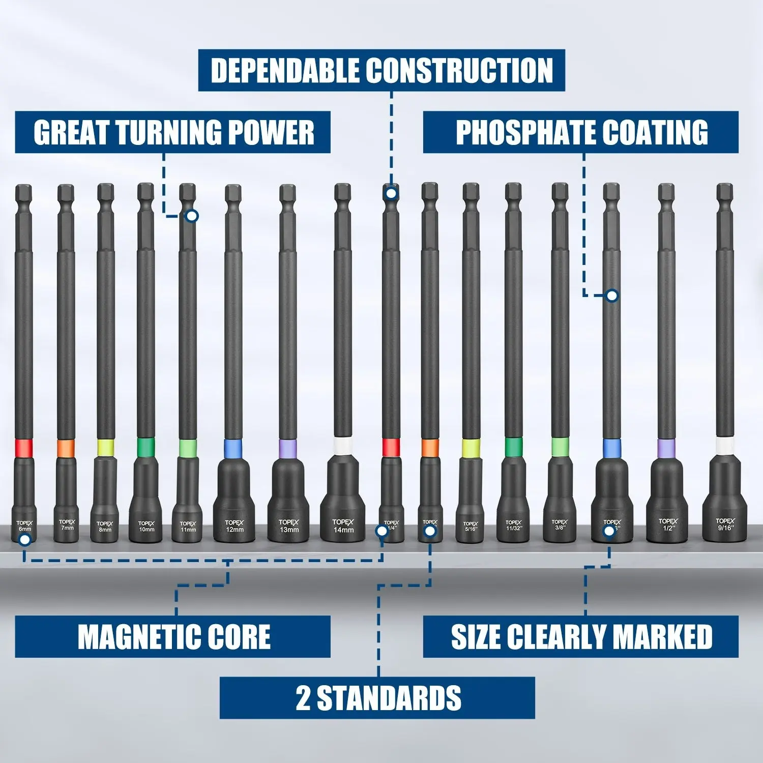 Topex 16Pcs Magnetic Impact Nut Driver Set Impact Grade Socket Extension Power Drill Bit Extensions Hex Shank Adapter Drill Nut Driver Tool Accessory