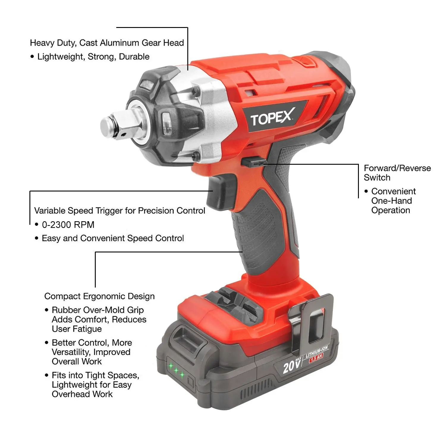 Topex 2 in 1 20V Cordless Impact Wrench Driver 1/2" w/ Sockets Battery & Charger