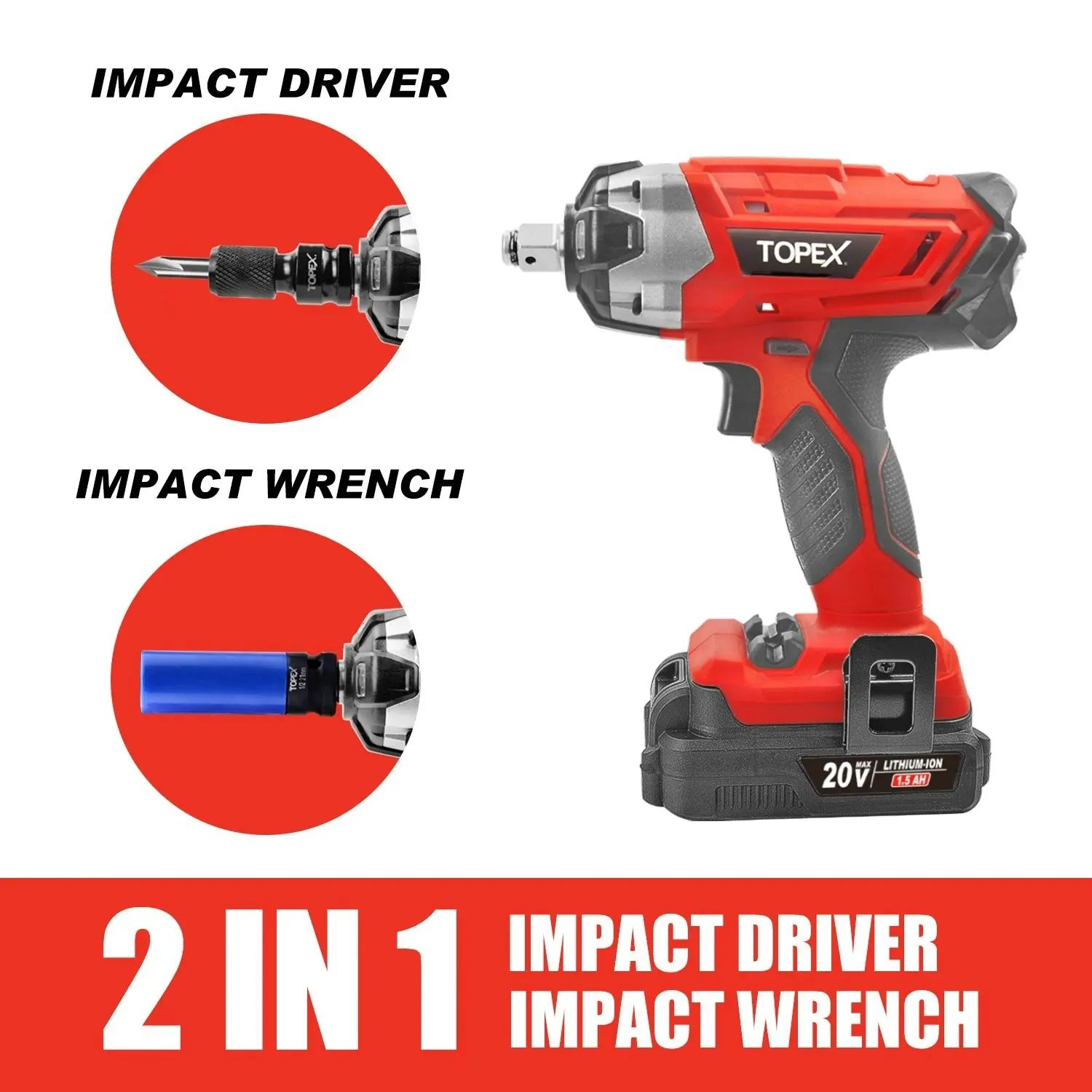 Topex 2 in 1 20V Cordless Impact Wrench Driver 1/2" w/ Sockets Battery & Charger