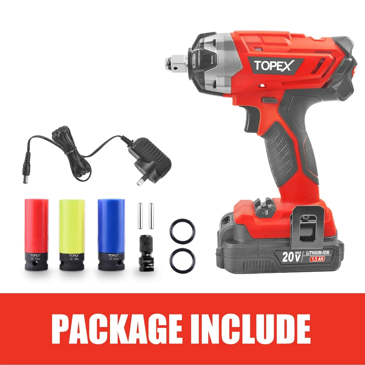 Topex 2 in 1 20V Cordless Impact Wrench Driver 1/2" w/ Sockets Battery & Charger