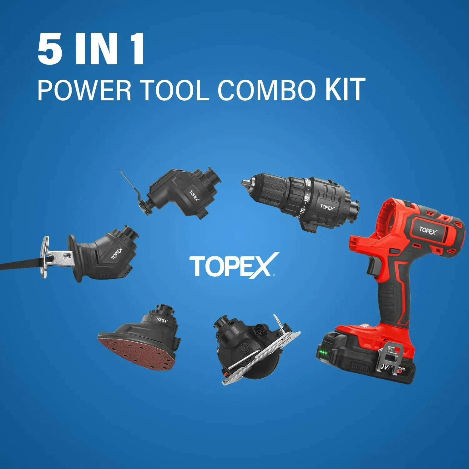 Topex 20V 5 IN1 Power Tool Combo Kit Cordless Drill Driver Sander Electric Saw w/ 2 Batteries & Tool Bag