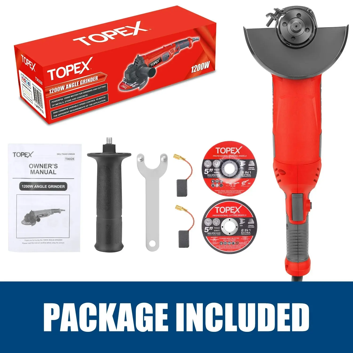 Topex 1200W Angle Grinder Heavy Duty 125mm 5" Angle Grinder w/ Cutting Disc