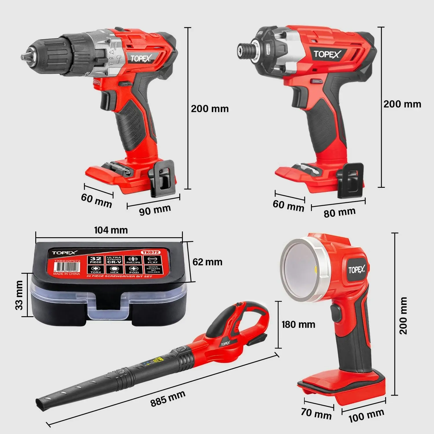 Topex 20V Combo Kit Hammer Drill Impact Driver Light Leaf Blower w/ 2 Batteries