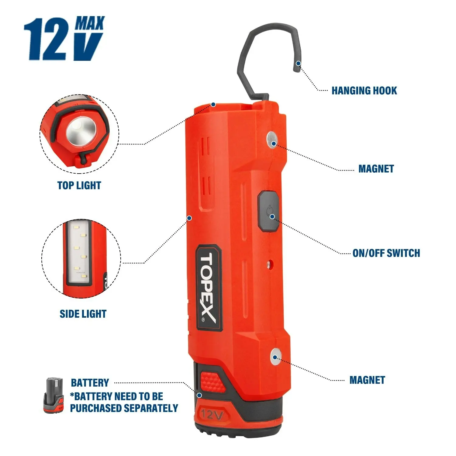 Topex 12V Cordless Polisher Lithium-Ion LED Torch w/ Battery & Charger