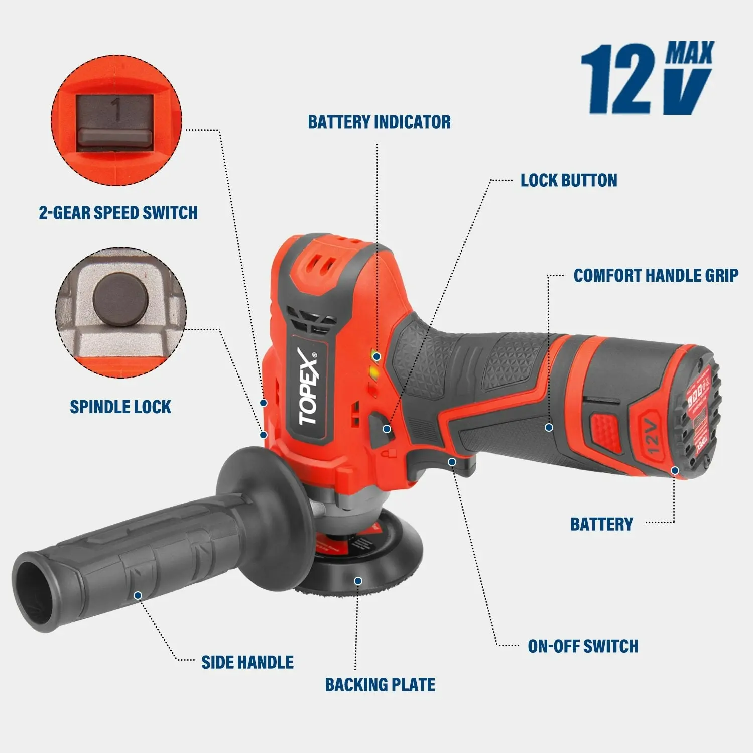 Topex 12V Cordless Polisher Lithium-Ion LED Torch w/ Battery & Charger