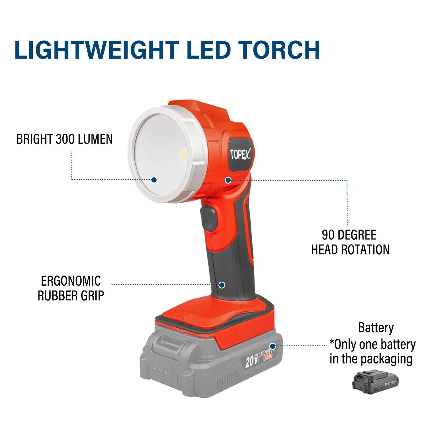 Topex 20V Cordless Combo Kit Tyre Inflator w/ Lightweight LED Torch(One Battery Included)