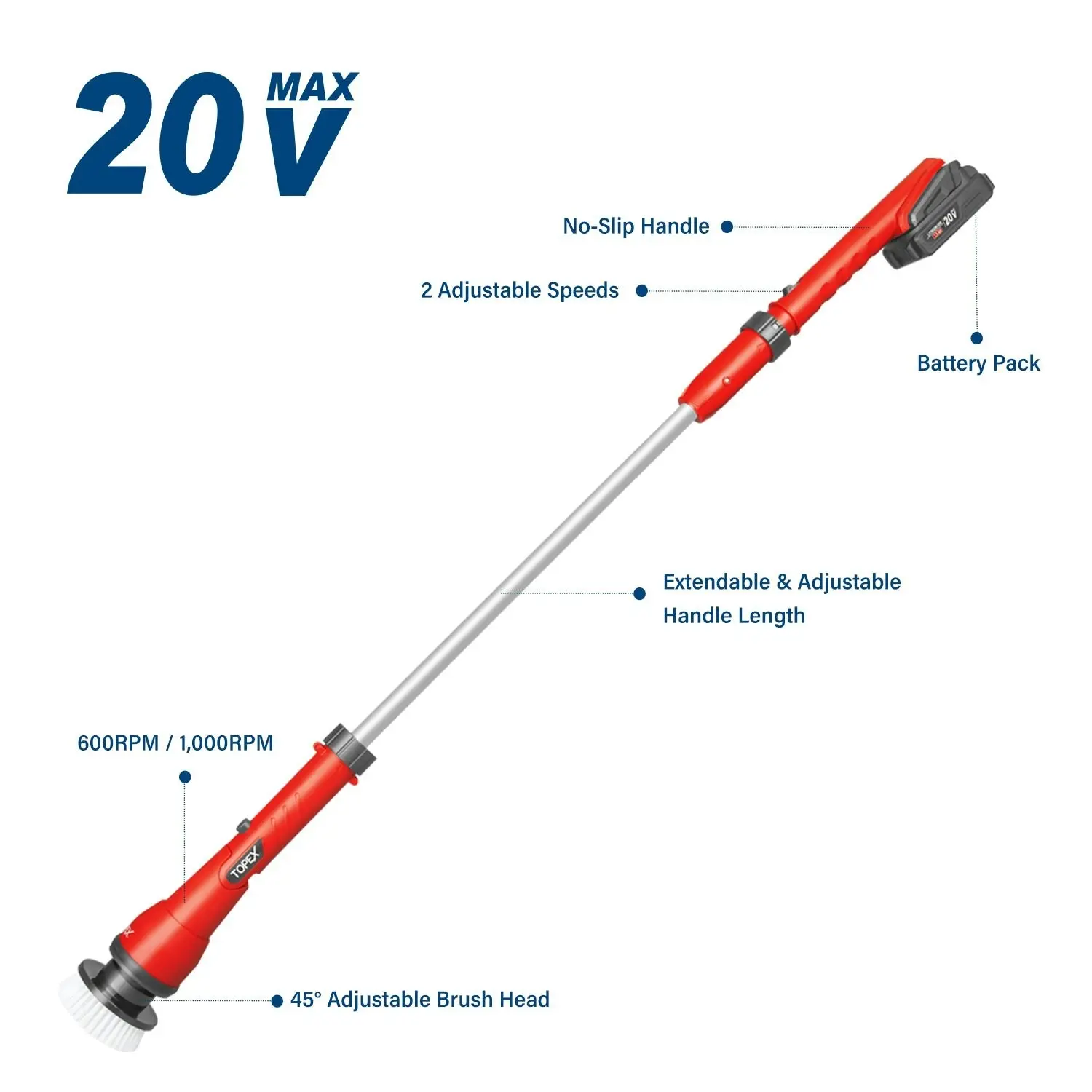 Topex 20V Cordless Power Scrubber With Extension Long Handle & 4 Replaceable Brush Heads,2 Speeds Power Scrubber Brush