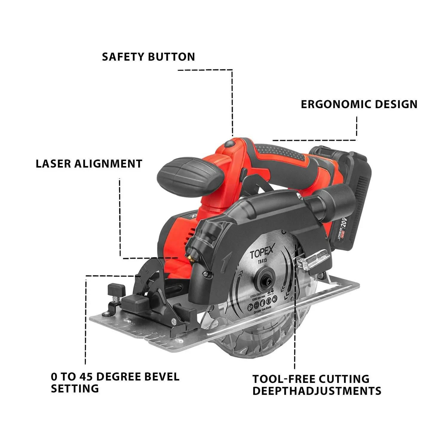 Topex 20V Circular Saw, with 4.0Ah Battery & Charger, 4,300RPM, 0°- 45° Bevel Cutting