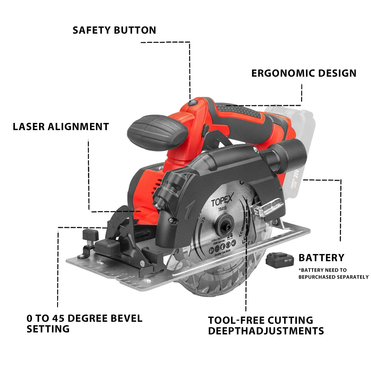 Topex 20v 165mm Cordless Circular Saw Skin Only Without Battery