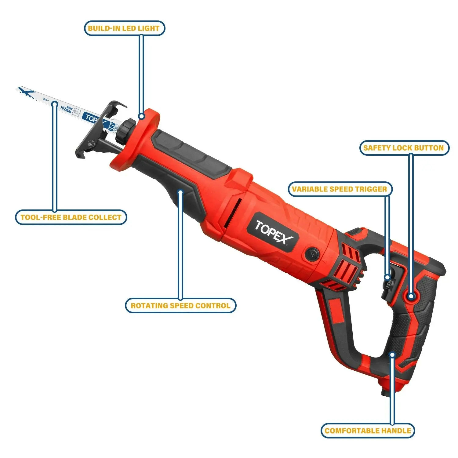 Topex Reciprocating Saw, 920W Quickly Cut Depth in Wood and Metal Cutting, 22mm Stroke Length