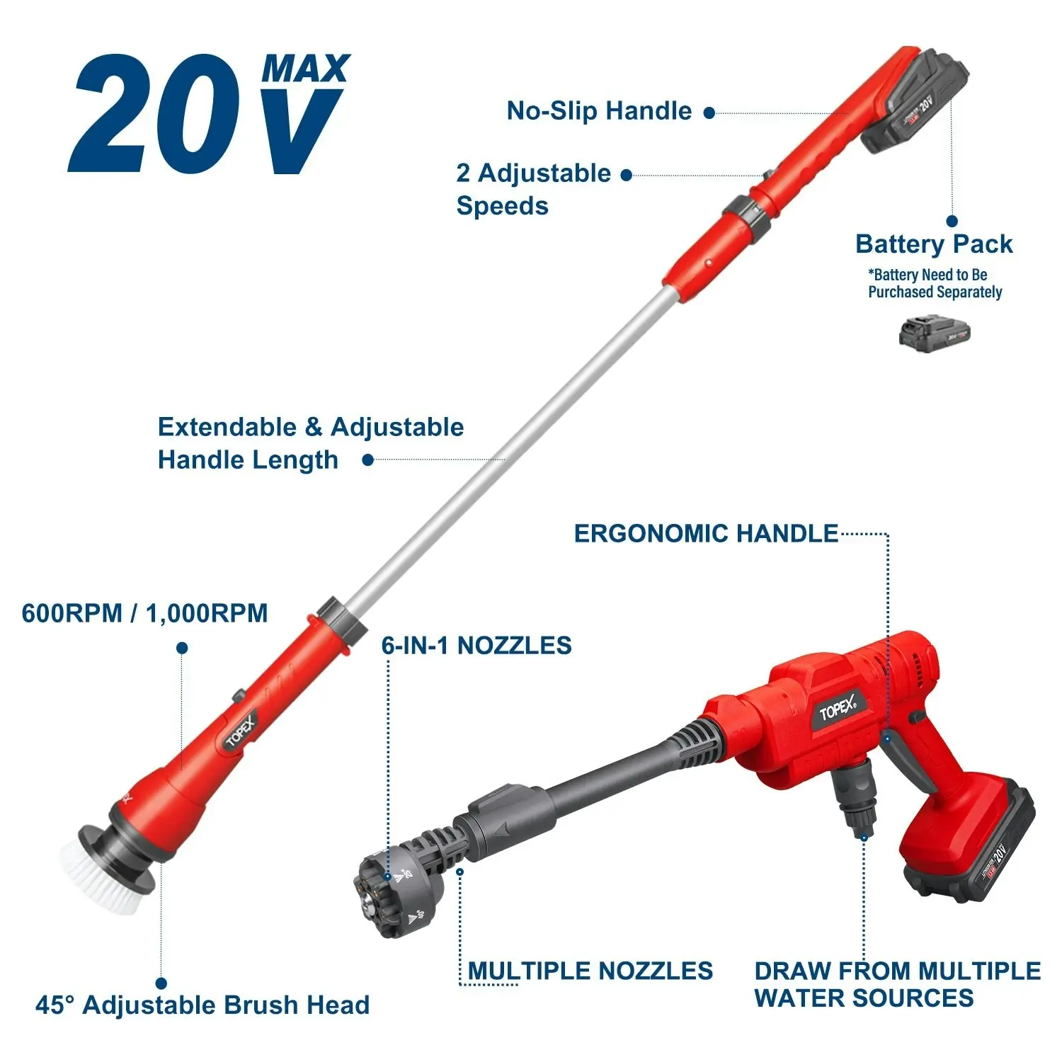 Topex 20V Cordless Power Tool Kit Telescoping Electric Scrubber Pressure Washer